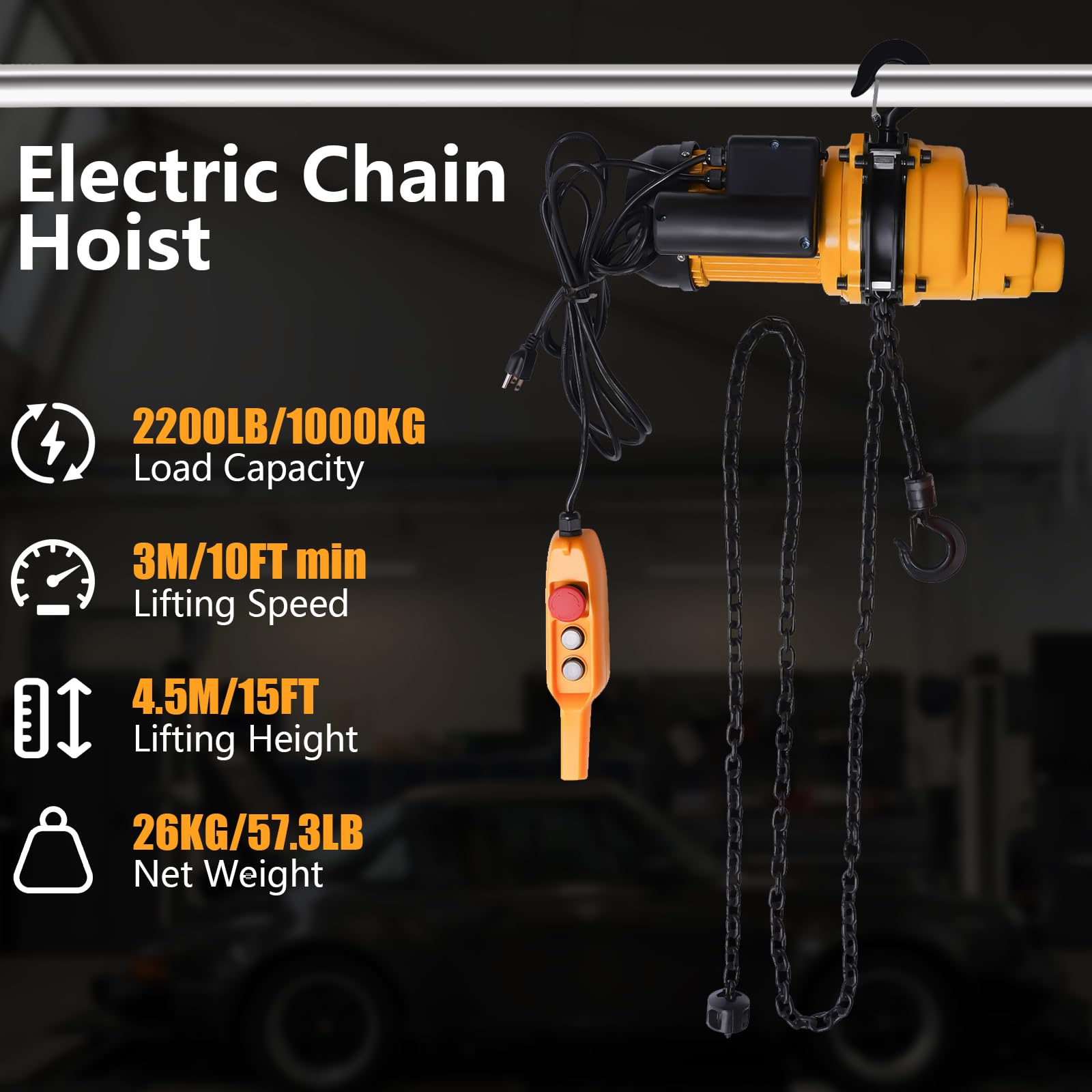 1 Ton (2200 Lbs) Electric Chain Hoist Winch - Single Phase Overhead Crane Hoist with Emergency Stop | 13Ft Max Lift Height | 110V Garage Ceiling Hoist for Workshop, Warehouse & Home Use