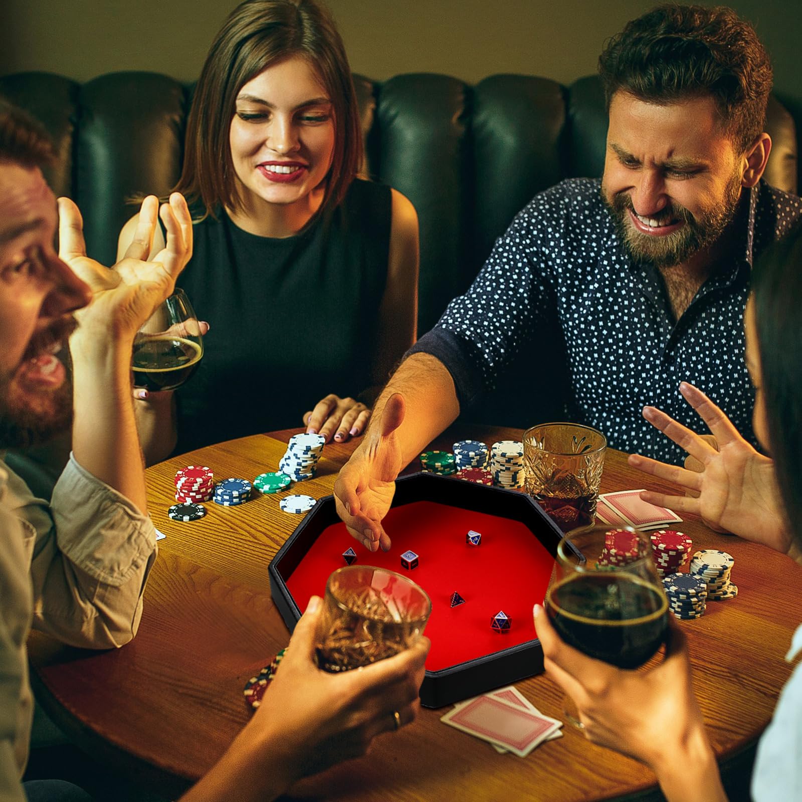 Wenqik 2-Piece Octagon Dice Tray Set - 11.5 Inch PU Leather Dice Mat with Velvet Lining for RPG, Farkle & Tabletop Games - Perfect for Game Nights, Christmas Parties & Holiday Gatherings (Black & Red)