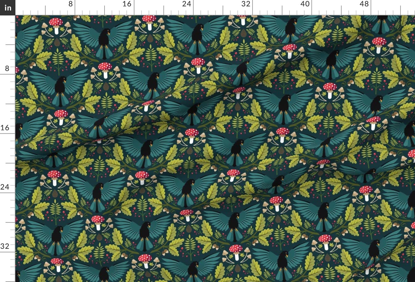 Mushroom and Blackbird Printed Satin Fabric Fat Quarter - Premium Sewing Material for Apparel, Lining, Fashion, Blankets & Home Decor - DIY Craft Projects & Quilting