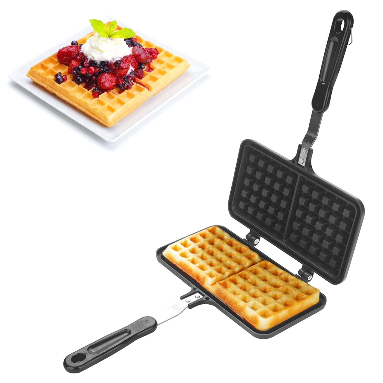 Cast Iron Stovetop Waffle Maker - Dual Head Non-Stick Belgian Waffle Iron for Pancakes, Panini & Sandwiches - Perfect for Breakfast, Camping & RV Cooking (13.19 x 8.46 Inches)