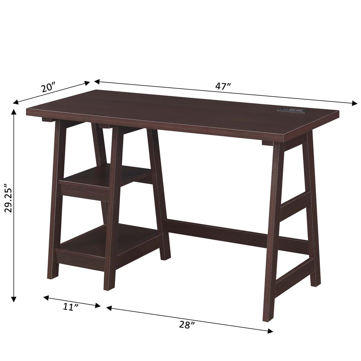 Convenience Concepts Designs2Go Trestle Desk with USB Charging Station & Storage Shelves - Espresso Finish Home Office Desk for Remote Work & Study