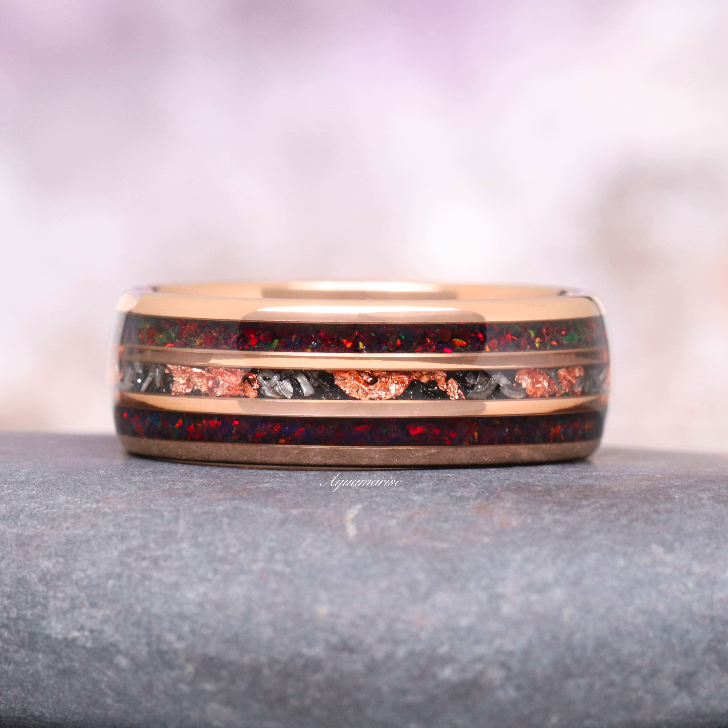 Black Fire Opal & Meteorite Couple Rings - Matching Wedding Bands for Him & Her - Unique Gemstone Jewelry Gift for Anniversary, Engagement - Perfect for Romantic Occasions & Special Dates