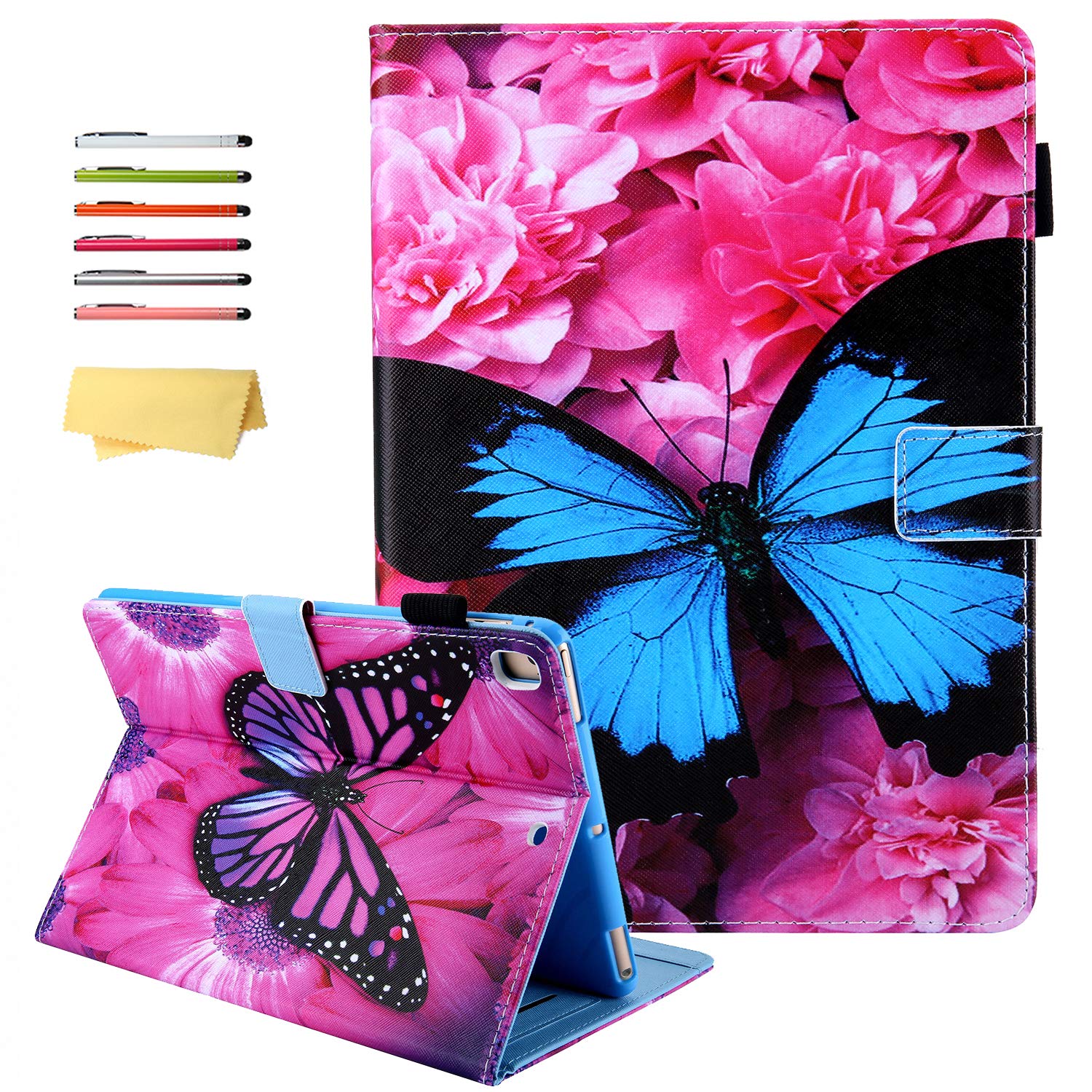 Premium PU Leather Smart Case for Apple iPad 9.7 (2018/2017 iPad 6th/5th Gen, iPad Air 2/Air 1) - Auto Sleep/Wake, Pencil Holder & Stand - Blue Butterfly Flower Design - Perfect for Work, School & Travel