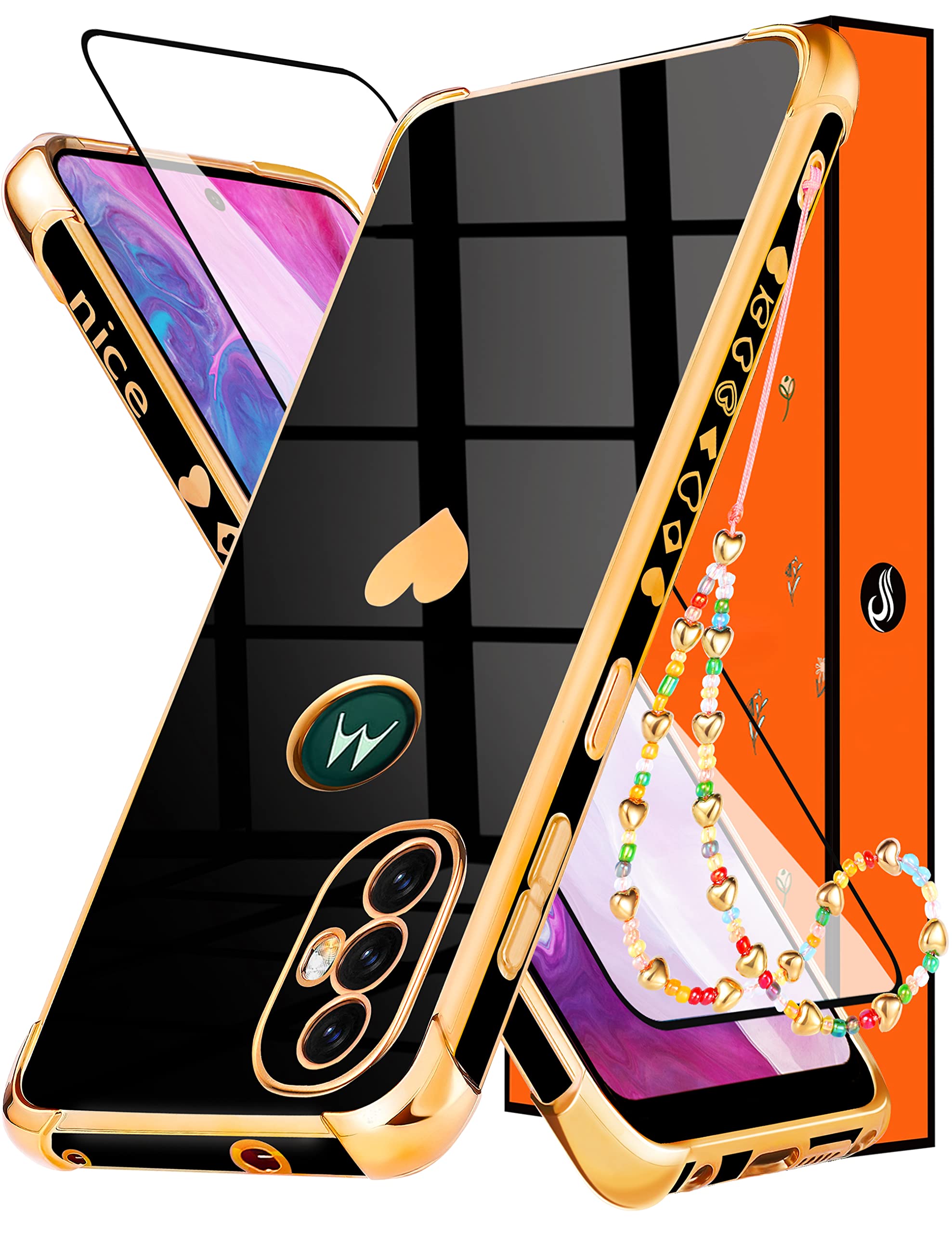 3-in-1 Heart Pattern Phone Case for Motorola Moto G Power 2022 (6.5 Inch) - Cute Aesthetic Love Design with Screen Protector & Chain - Perfect Gift for Women & Girls (Black Gold Luxury Girly Style) - Ideal for Daily Use, School, Work & Travel Protection
