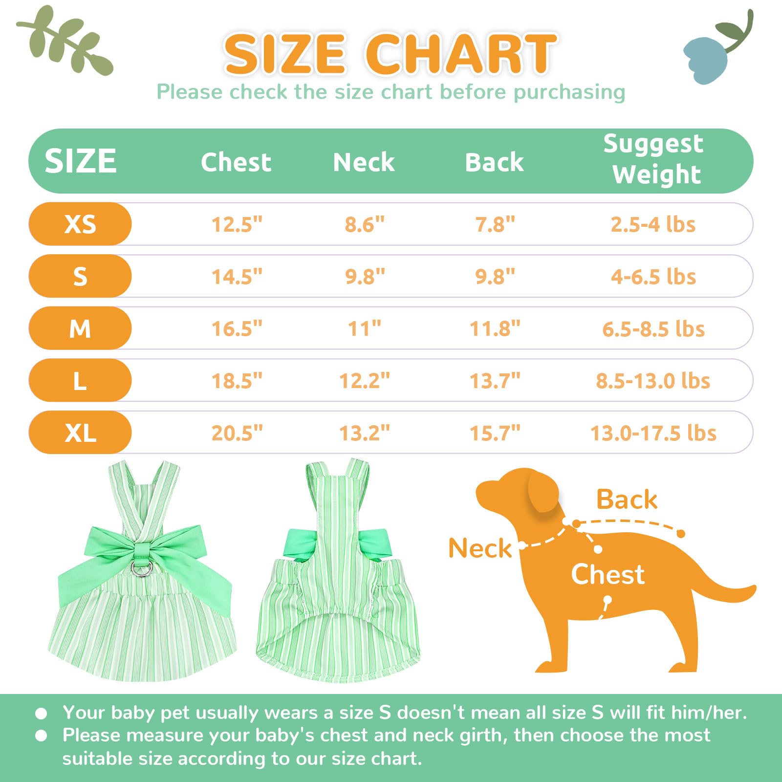 Cute Striped Summer Dog Dress with Bowknot - Small Dog Harness Outfit for Chihuahua, Yorkie, Pug & Female Cats (Green, Large) - Perfect for Birthday Parties & Outdoor Adventures