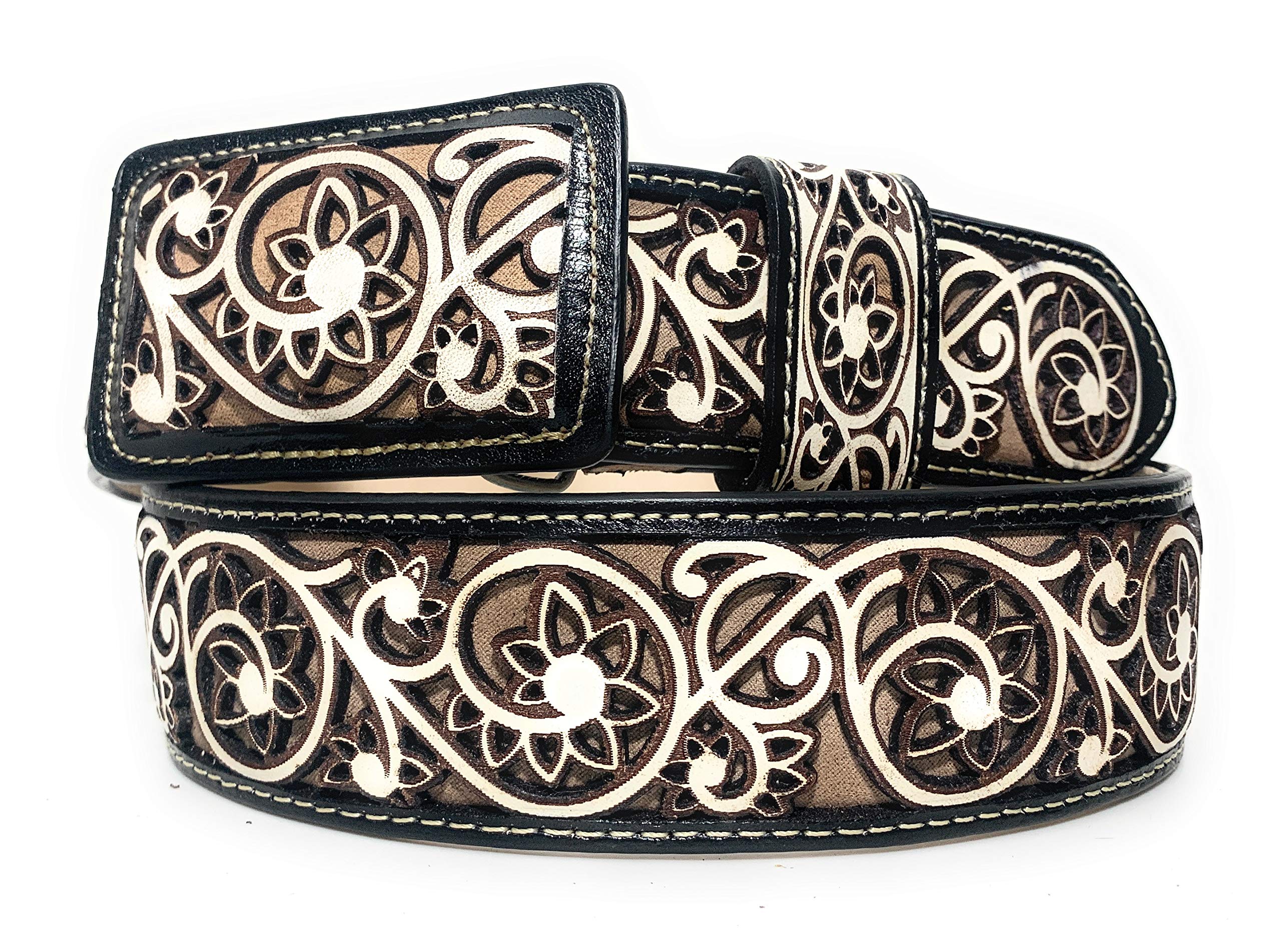 Handcrafted Men's Engraved Western Leather Belt - Genuine Cowhide Vaquero Belt with Charro Design - Perfect for Rodeo, Country Music Festivals & Western Fashion Outfits
