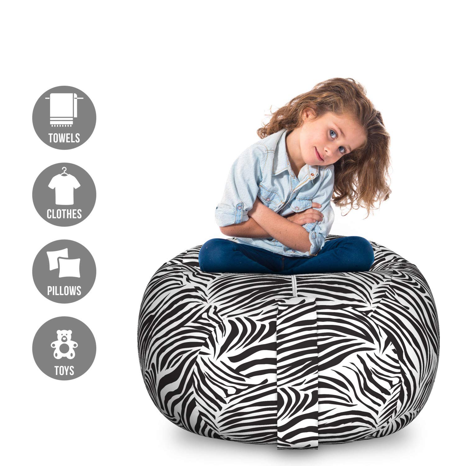 Ambesonne Zebra Print Storage Toy Bag Chair - Large Washable Stuffed Animal Organizer with Striped Wildlife Design - Perfect for Kids' Room, Playroom & Nursery Organization