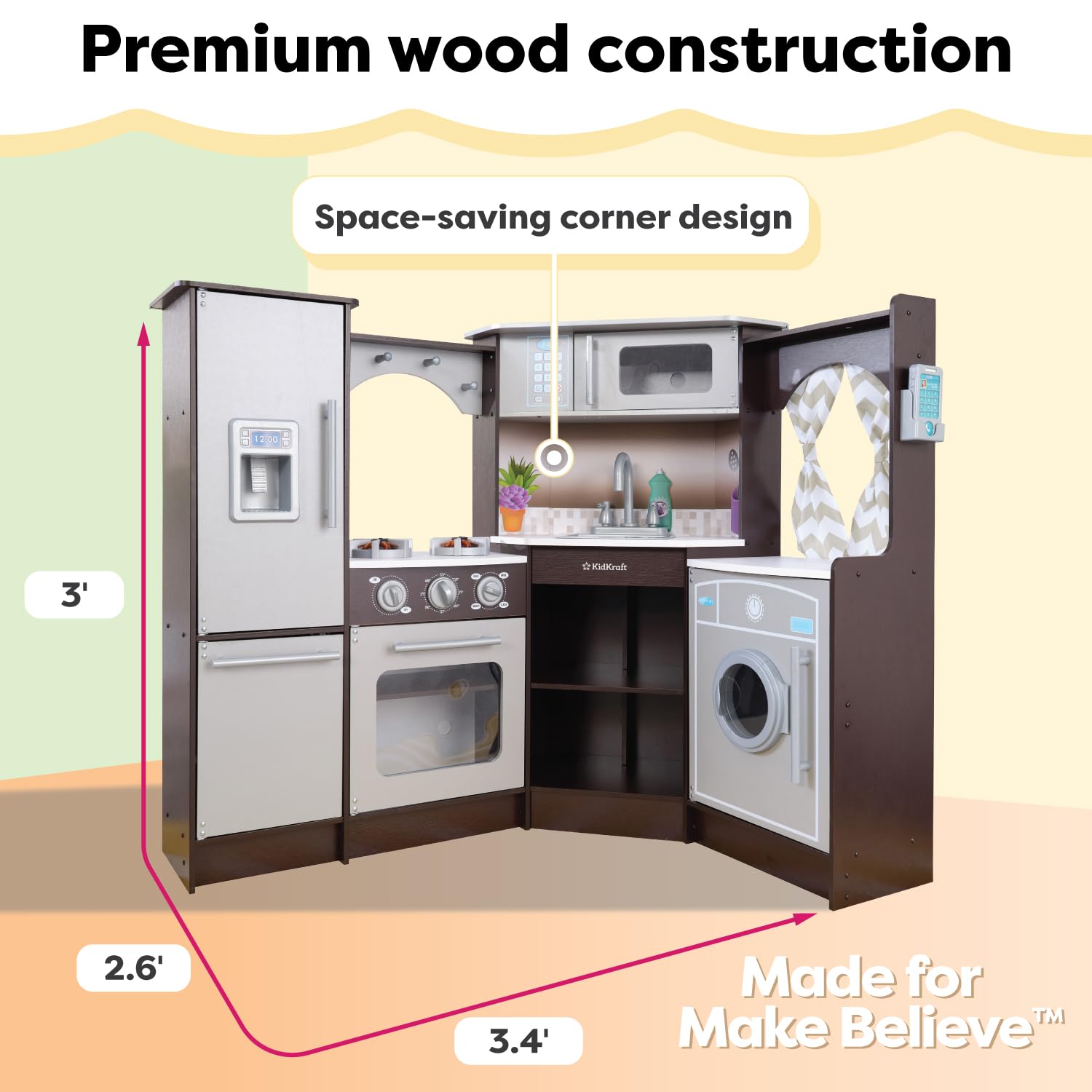 KidKraft Ultimate Corner Wooden Play Kitchen Set with Lights & Sounds, Play Phone & Curtains - Espresso Finish - Pretend Play Toy for Kids Ages 3+ - Perfect for Imaginative Play, Role-Playing & Early Learning Activities