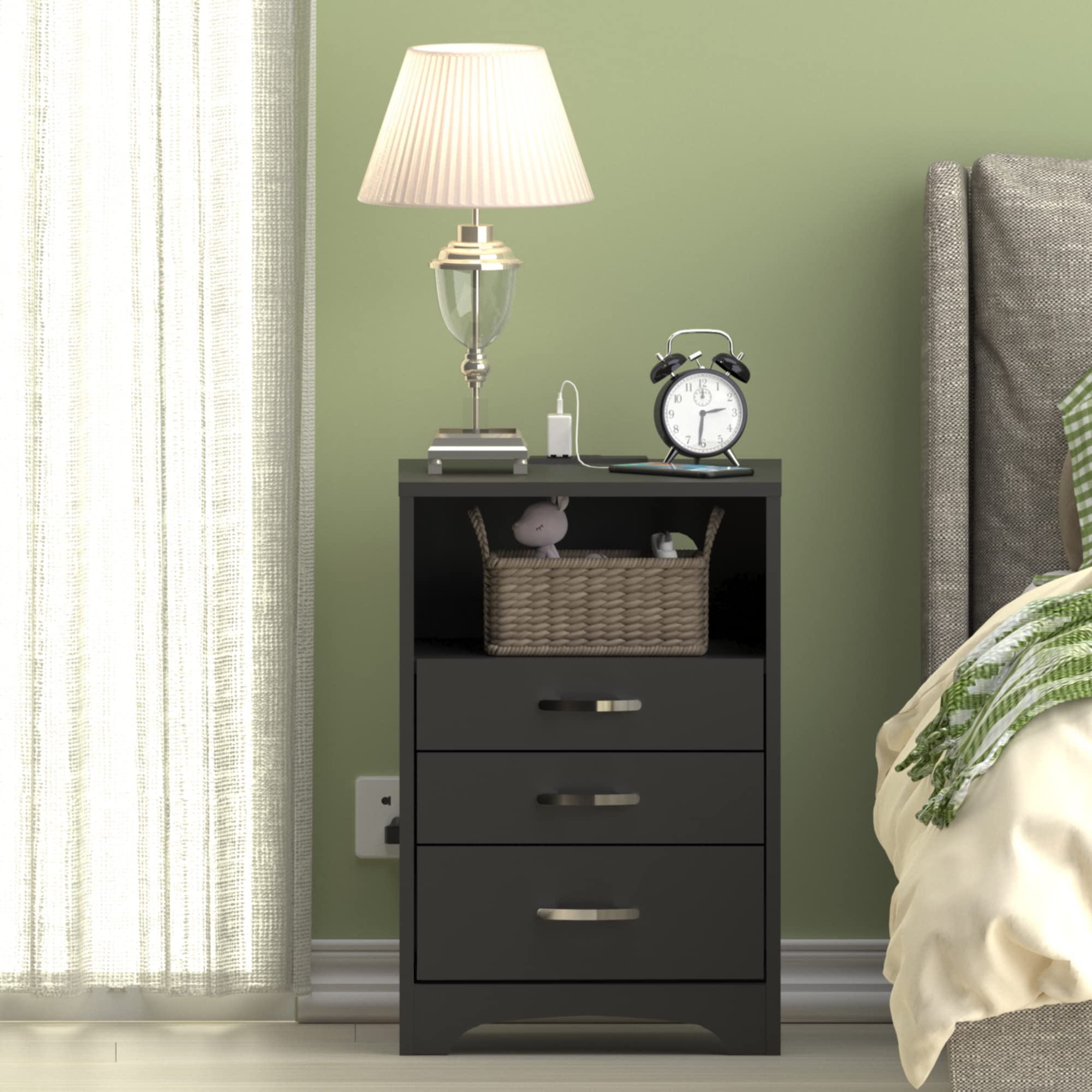Black Nightstand with 3 Drawers & Charging Station - Bedside Table for Bedroom Storage & Organization