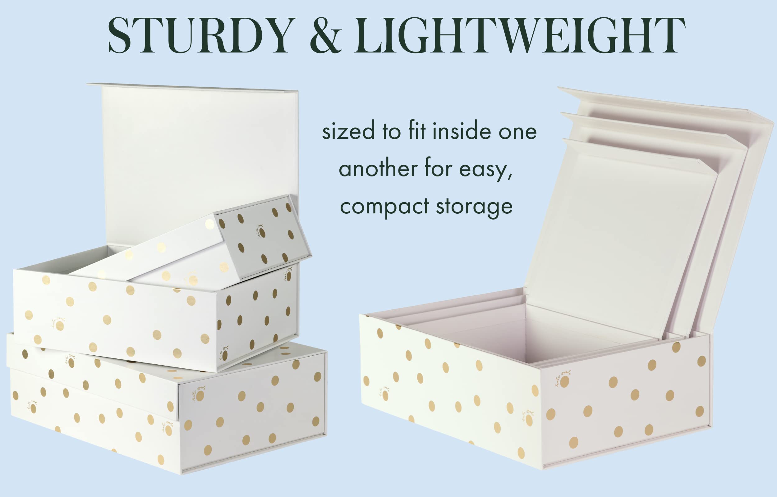 Kate Spade New York 3-Pack Decorative Storage Boxes with Lids - Small Medium Large Pink Nesting Organizer Bins with Magnetic Closure, Gold Dot & Script Design | Perfect for Home Office, Bedroom & Closet Organization