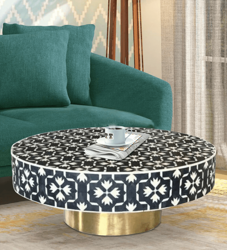 Handmade Bone Inlay Round Coffee Table with Brass Base - Black Boho Style Living Room Furniture | Perfect for Living Rooms, Lounge Areas & Conversation Spaces