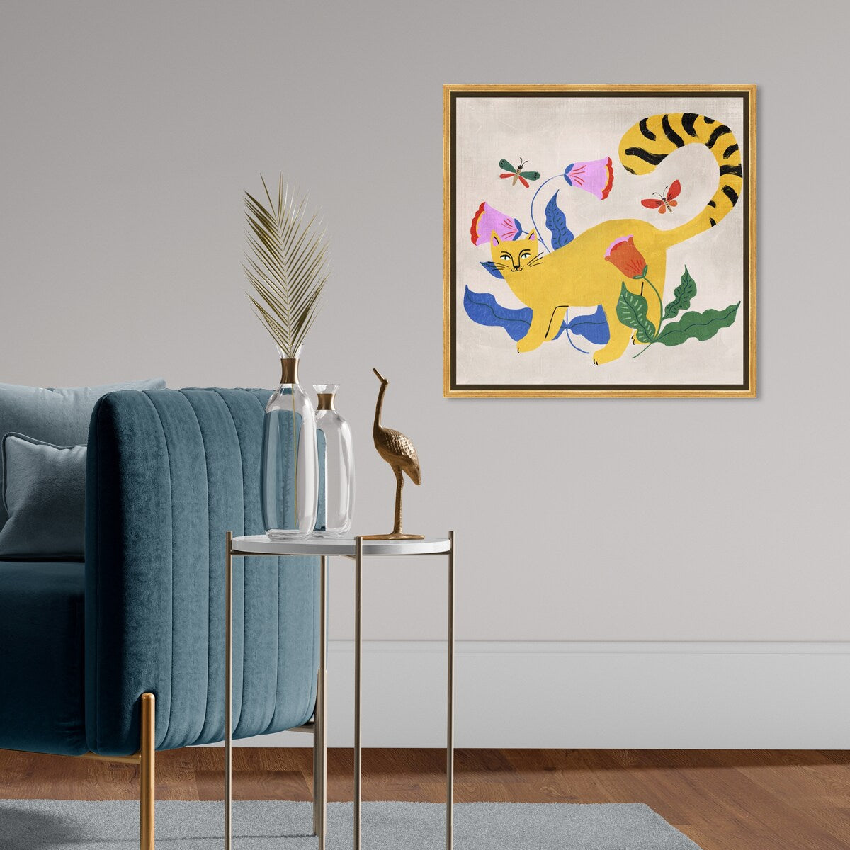 Blonde Tabby Floral Kitten Butterfly Garden Modern Yellow Framed Canvas Wall Art Print - Home Decor for Bedroom, Living Room & Nursery