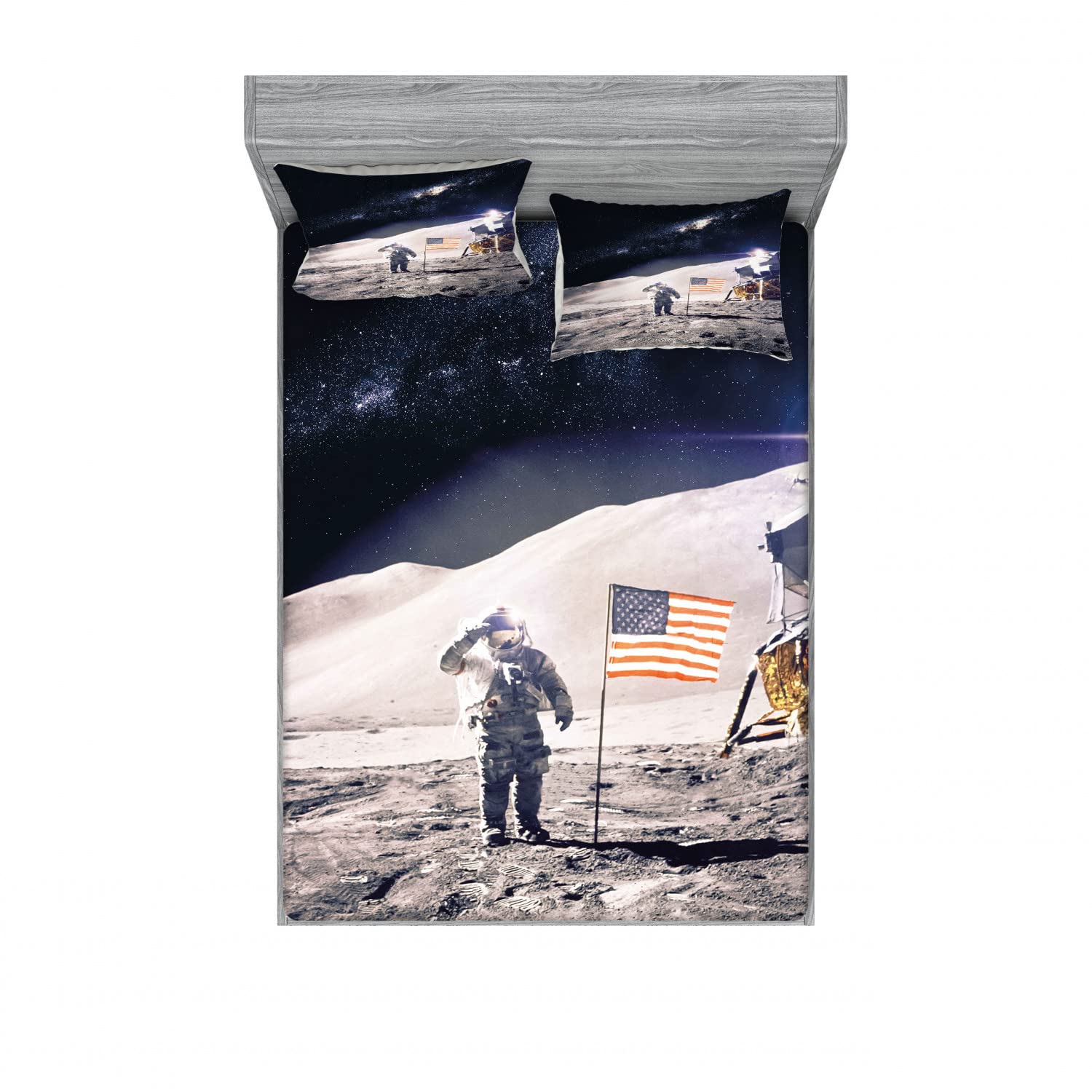 Ambesonne Space Themed 2-Pack Full Size Fitted Sheet Set with 4 Pillow Shams - Astronaut Moon Mission Bedding Collection in Taupe Blue - Perfect for Kids' Rooms, Space Enthusiasts & Themed Bedroom Decor