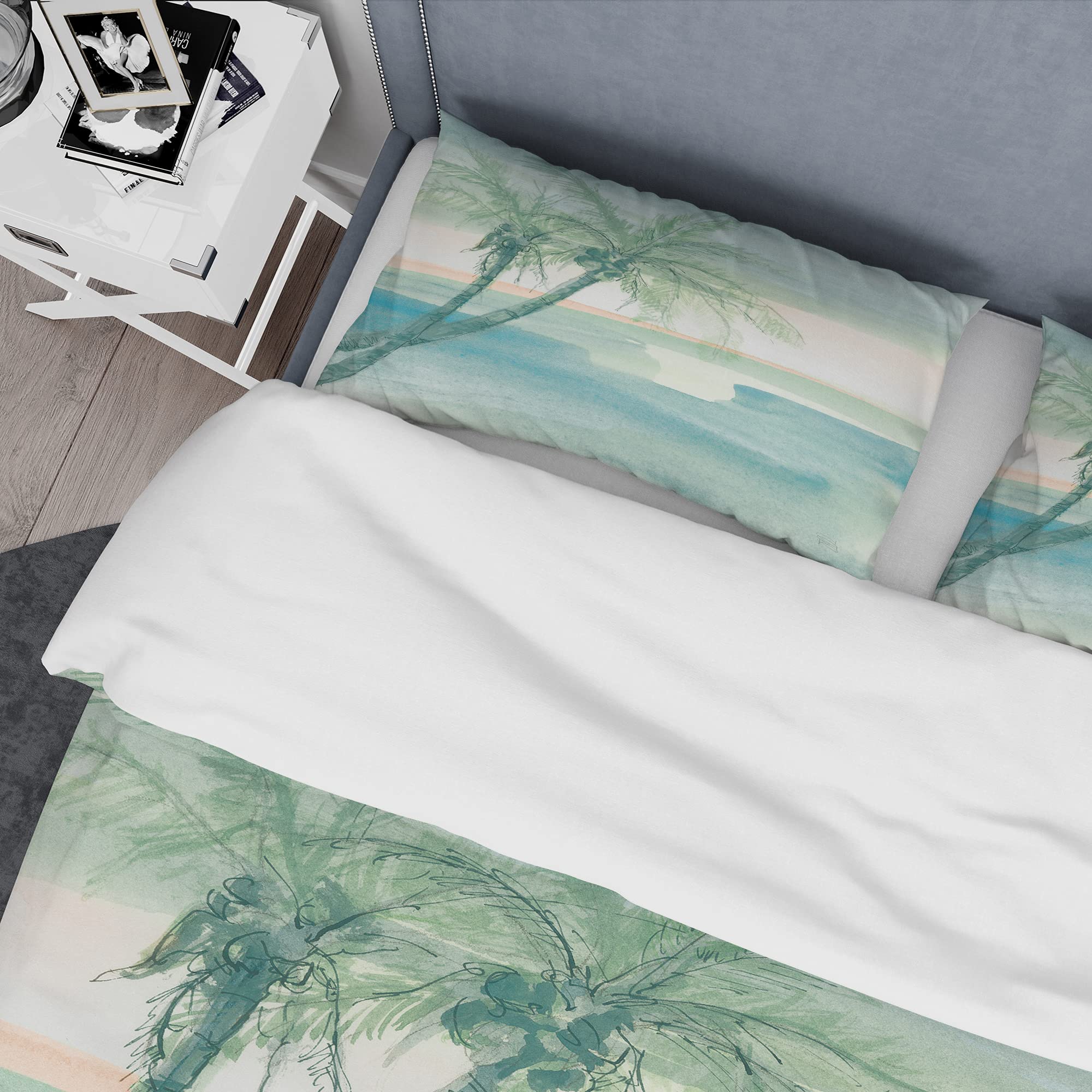 DesignQ Peaceful Dusk Tropical Duvet Cover Set - Queen Size Blue Beach Bedding (3-Piece) | All Season Comfort for Coastal & Boho Bedroom Decor