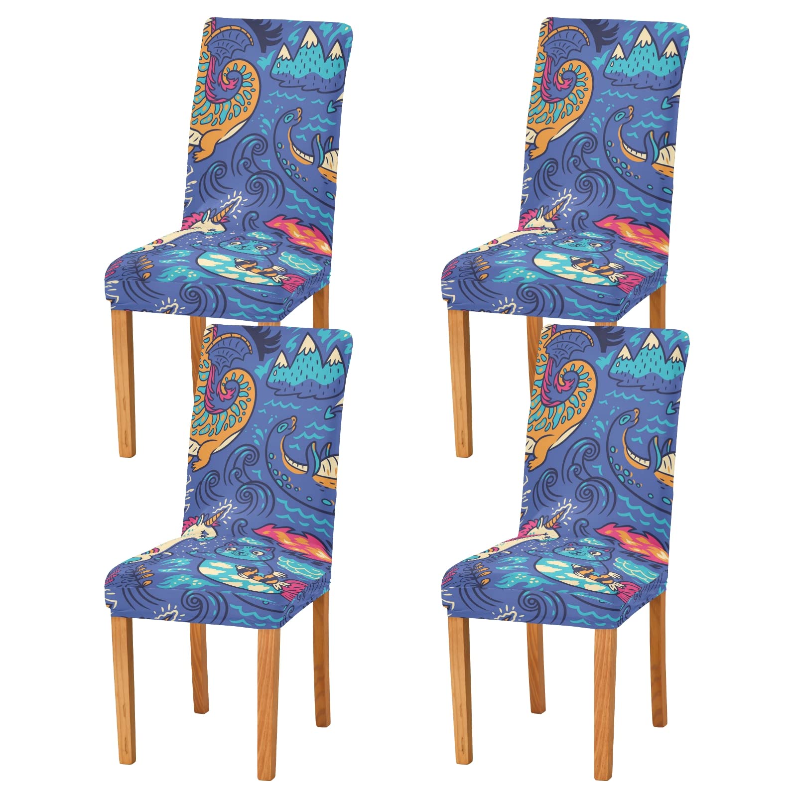 **4-Piece Odzilla Cartoon Stretch Chair Covers - Washable & Removable Dining Room Seat Protectors for Kids, Christmas Home Decor - Perfect for Dining Chairs, Kitchen, and Party Decorations**