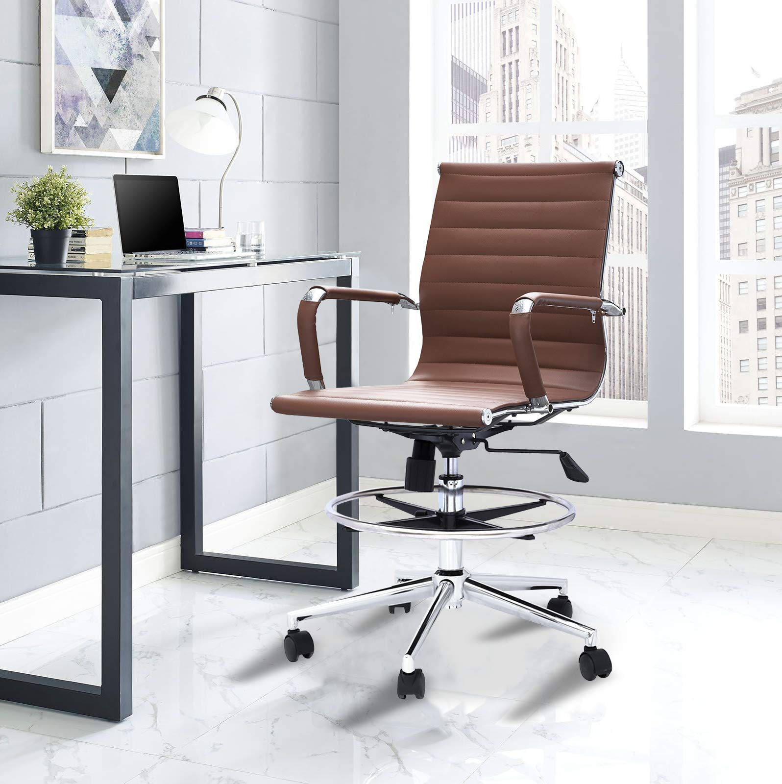 2xhome Modern Ergonomic PU Leather Mid Back Office Chair with Chrome Armrests, Footrest & Tilt Function - Rolling Swivel Chair for Home Office, Drafting Desk & Computer Workstation (Brown)