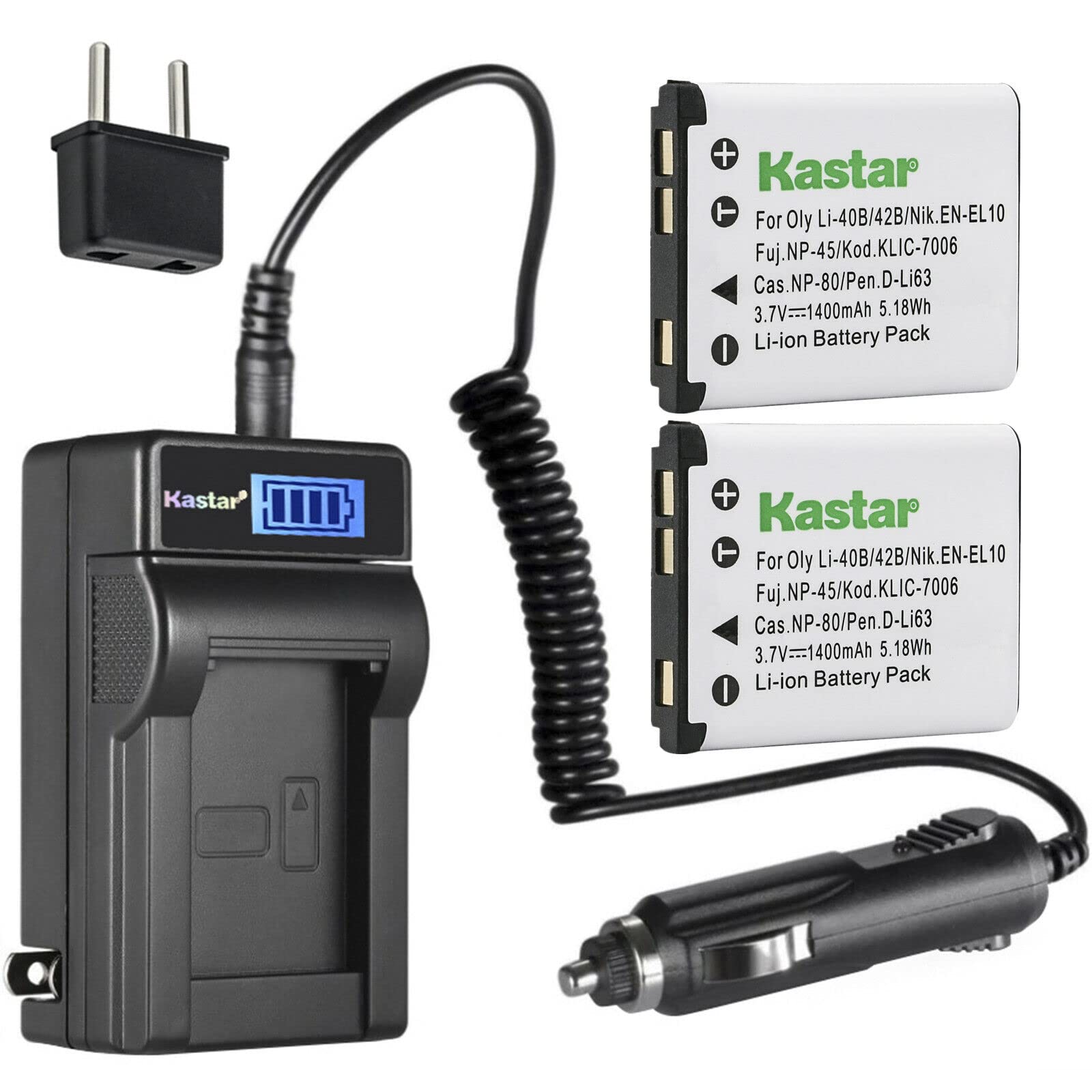 Kastar 2-Pack Li-42B Replacement Battery & LCD AC Charger for Olympus Stylus 770SW/780/790SW/820/830/840/850SW/1040/1050SW Digital Cameras - Perfect for Travel Photography & Outdoor Adventures