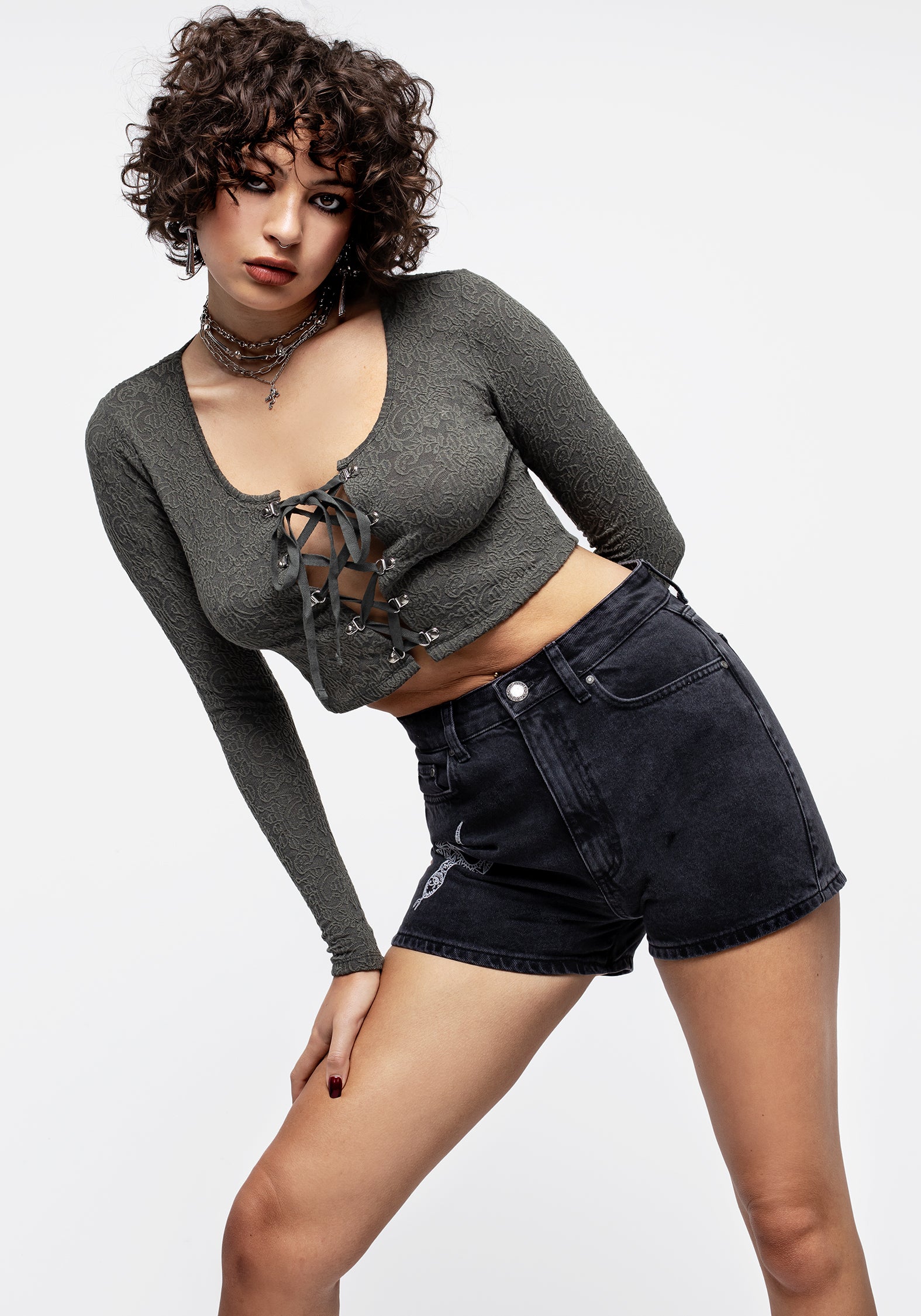 Laurel Lace Up Long Sleeve Crop Top Women's Fashion Blouse - Perfect for Date Night, Parties & Casual Outfits