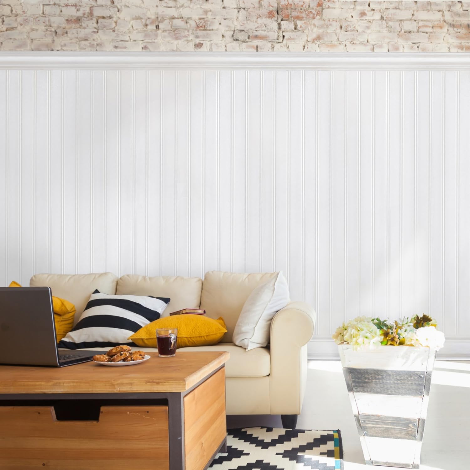 Reversible PVC Wall Panels 8ft - Easy Install Wainscoting for Interior Decor, Home Improvement & Accent Walls (7-Piece, White) - Perfect for Living Rooms, Bedrooms & Basements