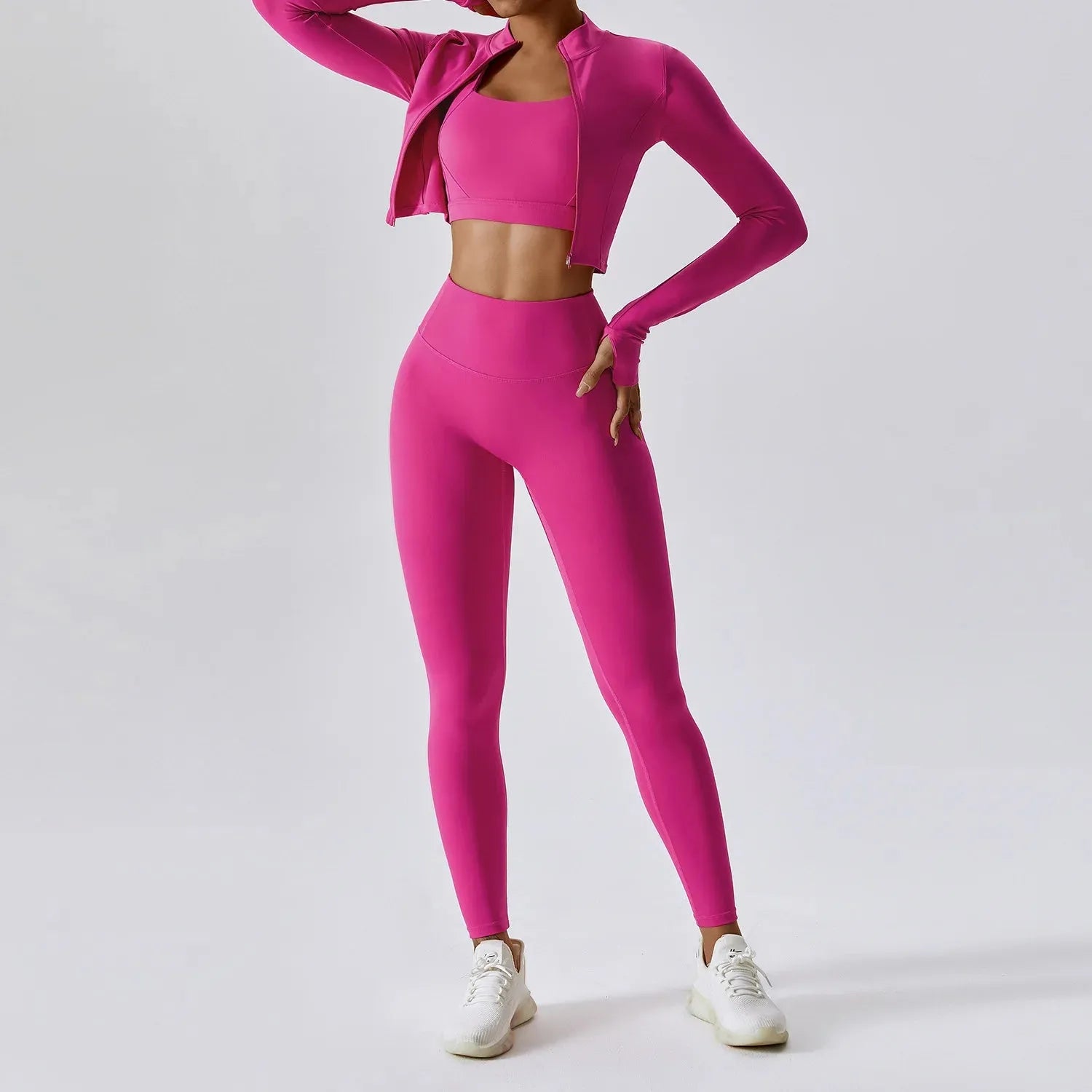 3 Piece Women's Yoga Set - Workout Tracksuit with Sport Bra, High Waist Shorts & Yoga Leggings | Long Sleeve Gym Clothing for Fitness, Pilates & Home Workouts