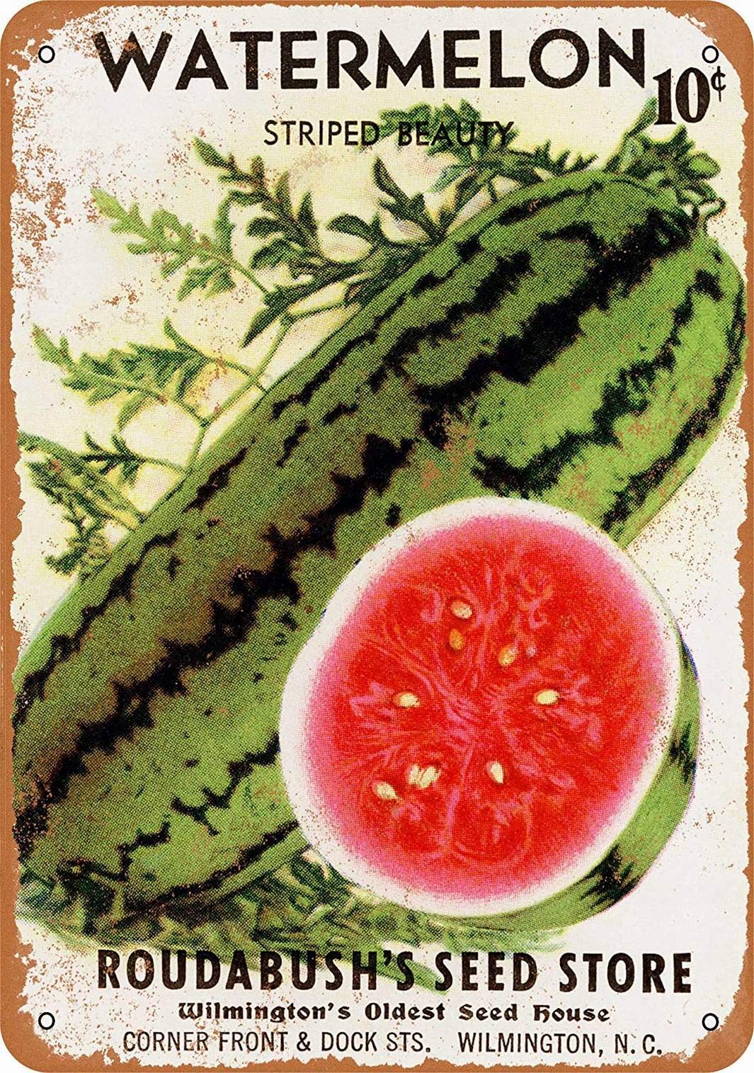 Vintage 8x12 Inch Metal Wall Sign - Roudabush's Watermelon Seeds Retro Tin Sign - Farmhouse Kitchen Decor for Home, Bar, Cafe & Man Cave
