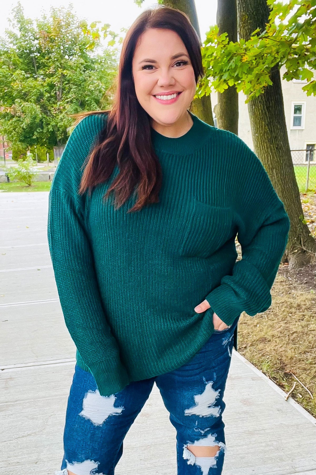 Stylish Hunter Green Mock Neck Knit Sweater with Chest Pocket - Cozy Winter Wear for Women | Perfect for Casual Outings & Office Attire