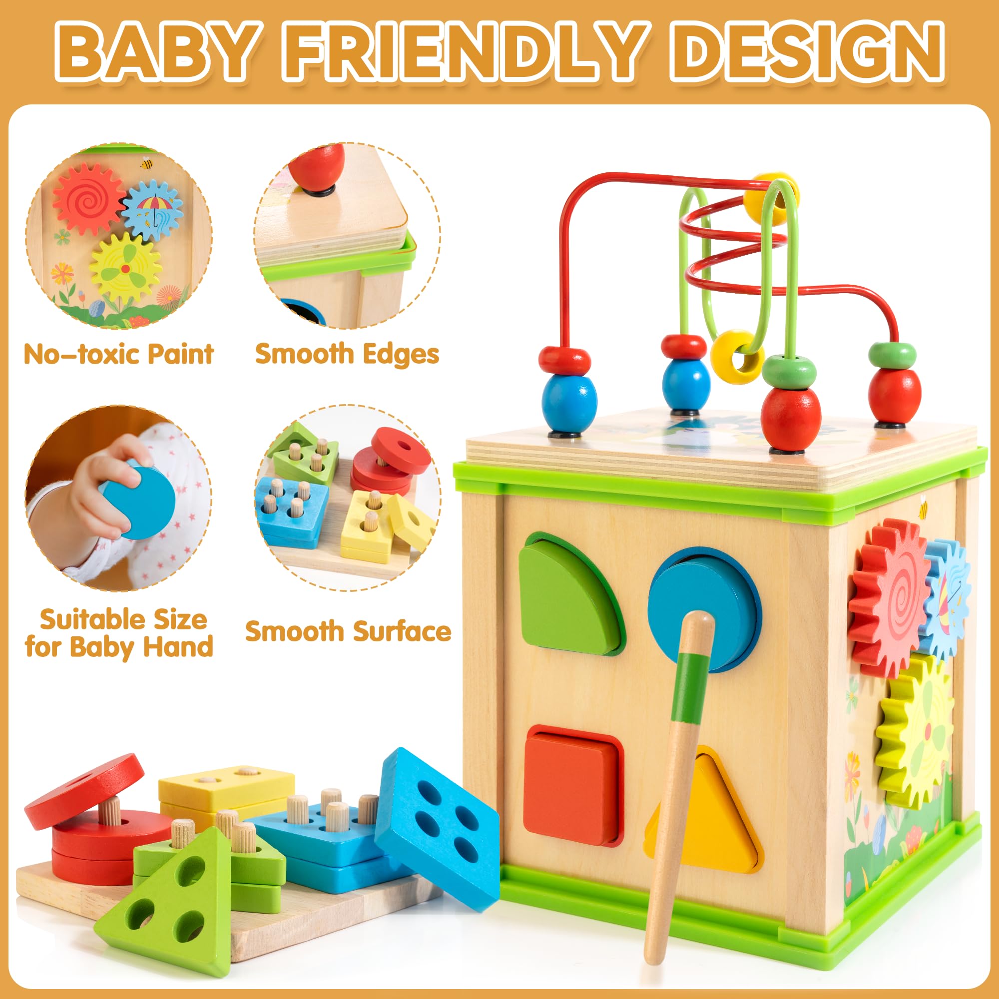 7-in-1 Wooden Activity Cube Montessori Toy for 1 Year Old Boys & Girls - Educational Learning Toy with Bonus Sorting & Stacking Board - Perfect First Birthday Gift for Toddlers - Great for Early Childhood Development & Playroom Activities