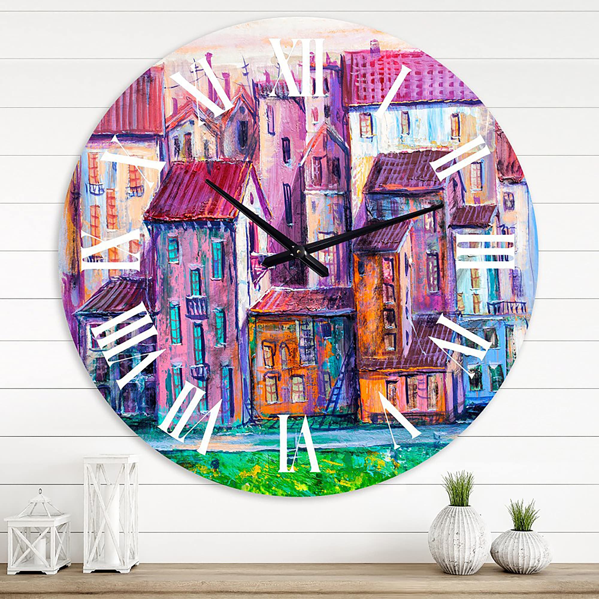 Vintage Style Large Wall Clock - Colorful Old Homes & Cityscape Design for Office, Living Room, Bedroom Decor | Modern Silent Non-Ticking Clock for Home & Workspace
