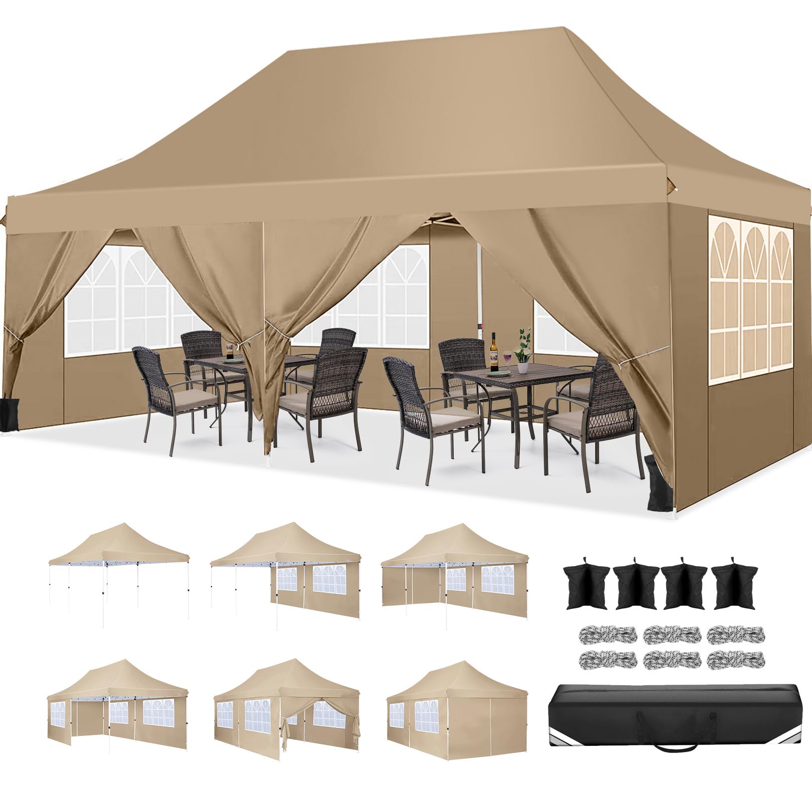 COBIZI 10x20 Pop Up Canopy Tent with 6 Removable Sidewalls - Waterproof Instant Gazebo for Outdoor Events, Parties & Commercial Use | Easy Setup Shelter with Sandbags (Khaki) | Perfect for Backyard BBQs, Farmers Markets & Beach Gatherings
