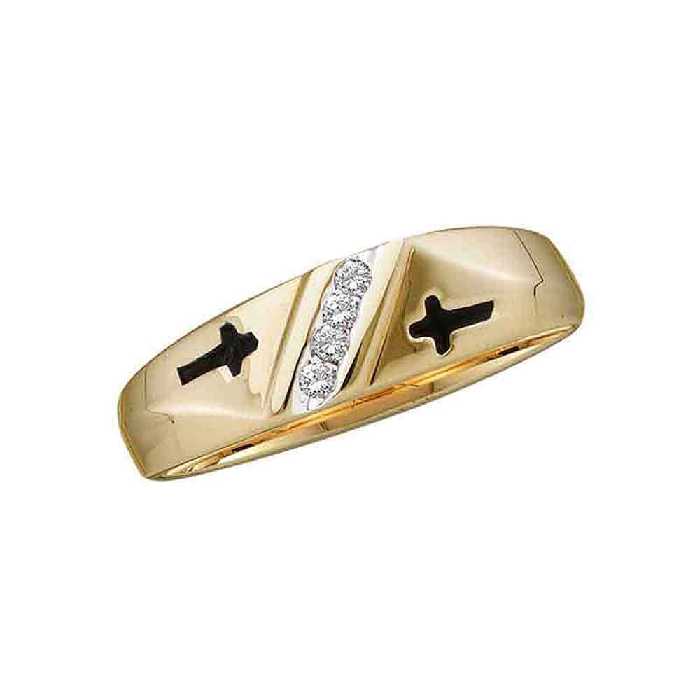 14K Yellow Gold Men's Diamond Double Cross Wedding Band Ring - 1/20 CTW Round Cut - Dazzlingrock Collection - Perfect for Anniversary, Engagement & Promise Rings
