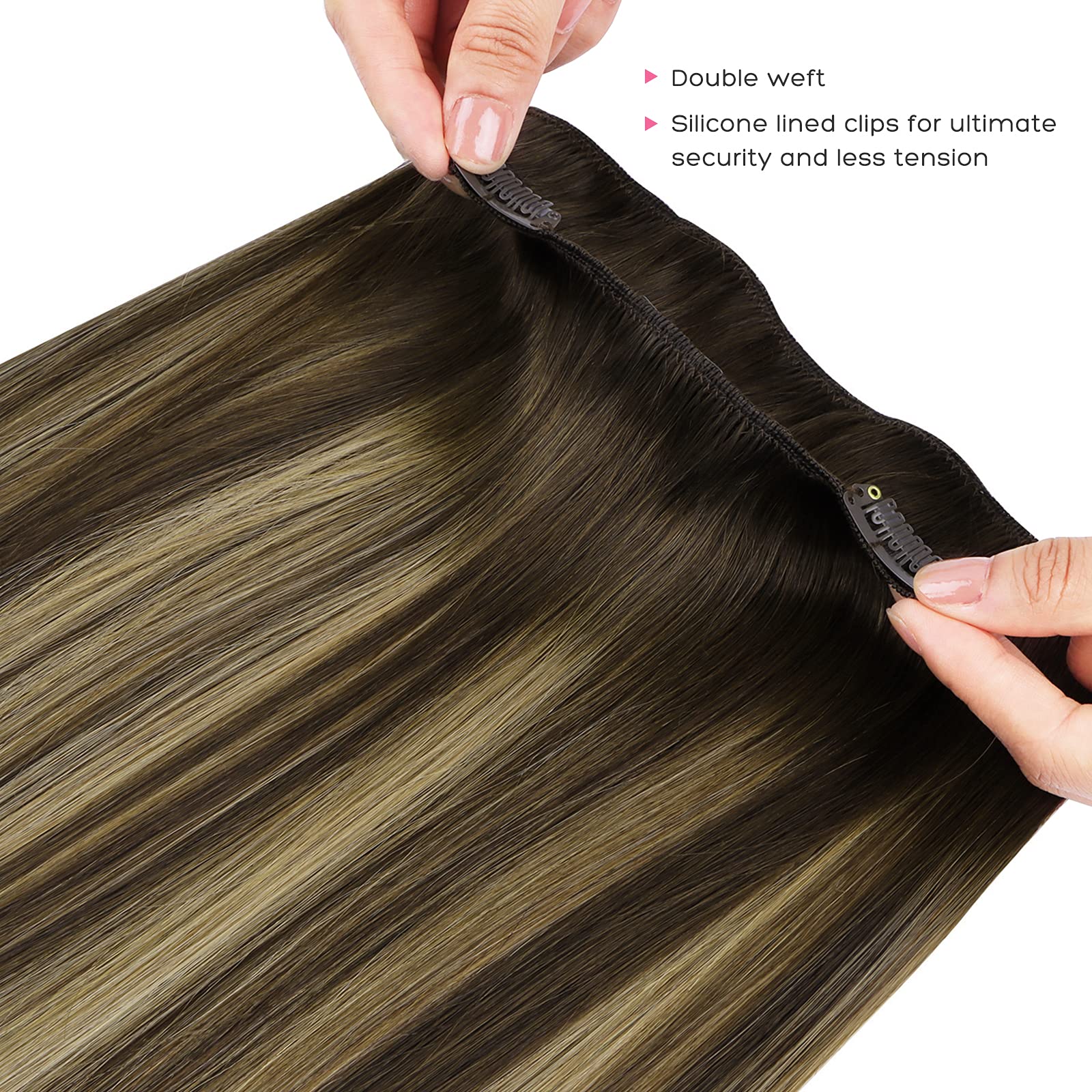Marat Clip in Human Hair Extensions 18 Inch 120g - Balayage Chocolate Brown to Caramel Blonde Straight Hair Weft for Women | Perfect for Parties, Weddings & Daily Styling