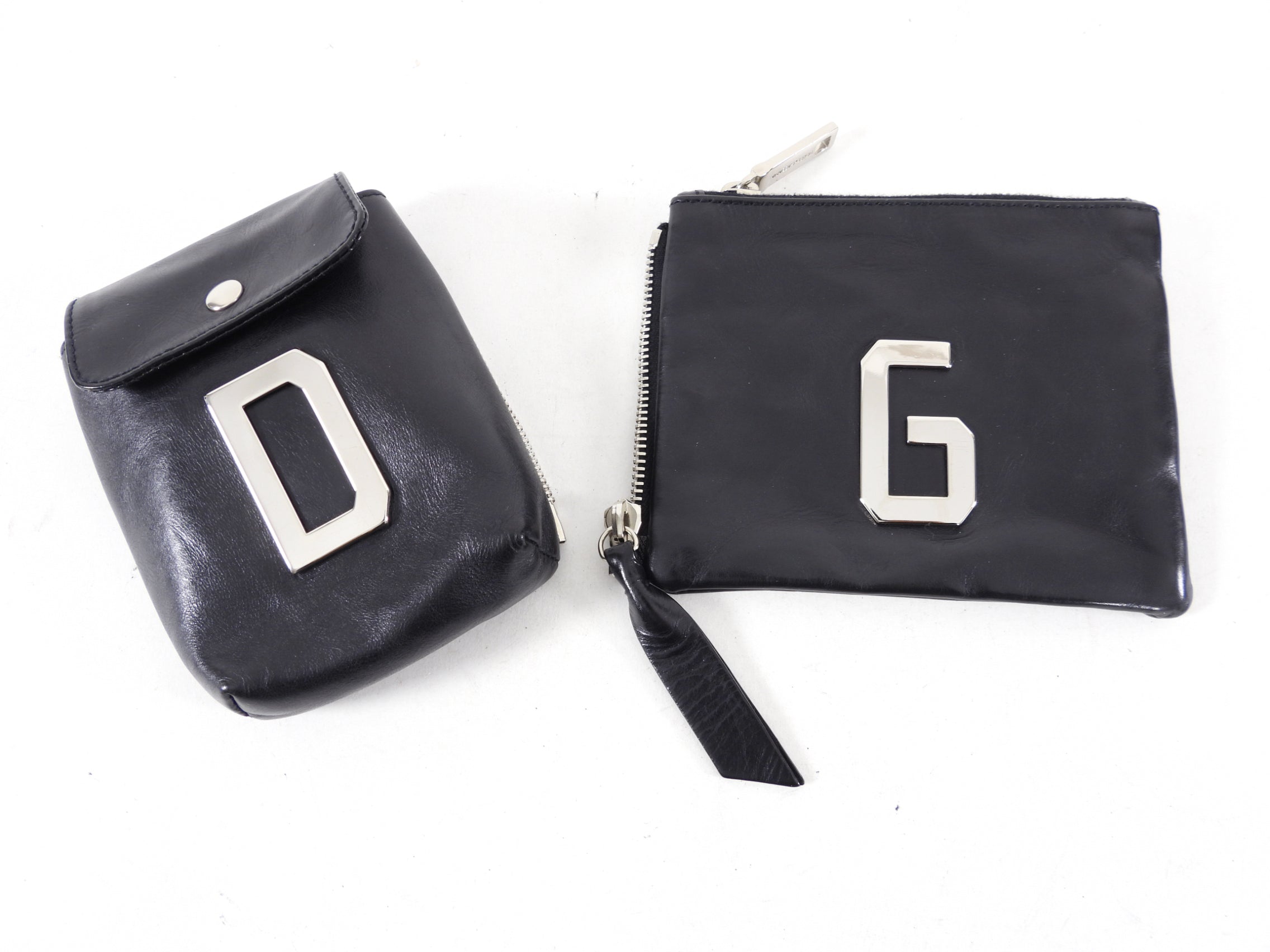 Dolce & Gabbana Black Leather Zip Pouch with Initial - Perfect for Travel, Cosmetics & Everyday Essentials