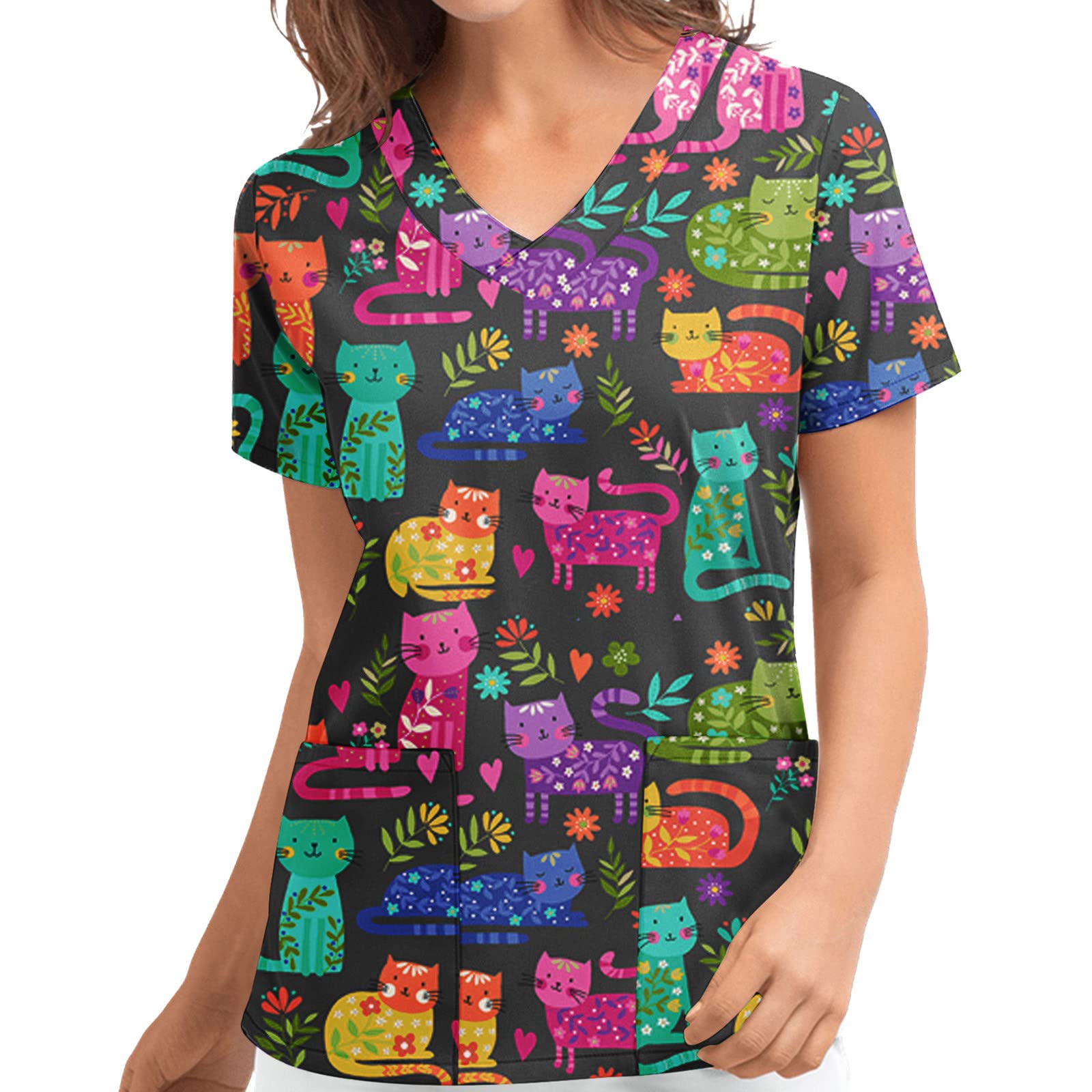 Stylish Women's Stretch Scrub Tops with Butterfly & Dinosaur Print - Comfortable Medical Uniforms for Nurses & Healthcare Workers - Perfect for Hospital Shifts, Clinics & Healthcare Professionals