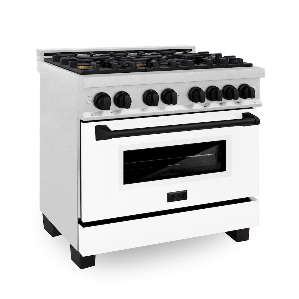 ZLINE Autograph Edition 36-inch Dual Fuel Range - 4.6 cu. ft. Capacity, 6-Burner Gas Cooktop & Electric Convection Oven - Satin Stainless Steel with White Matte Door & Black Accents (RASZ WM 36 MB) - Perfect for Modern Kitchens, Home Chefs & Gourmet Cooking