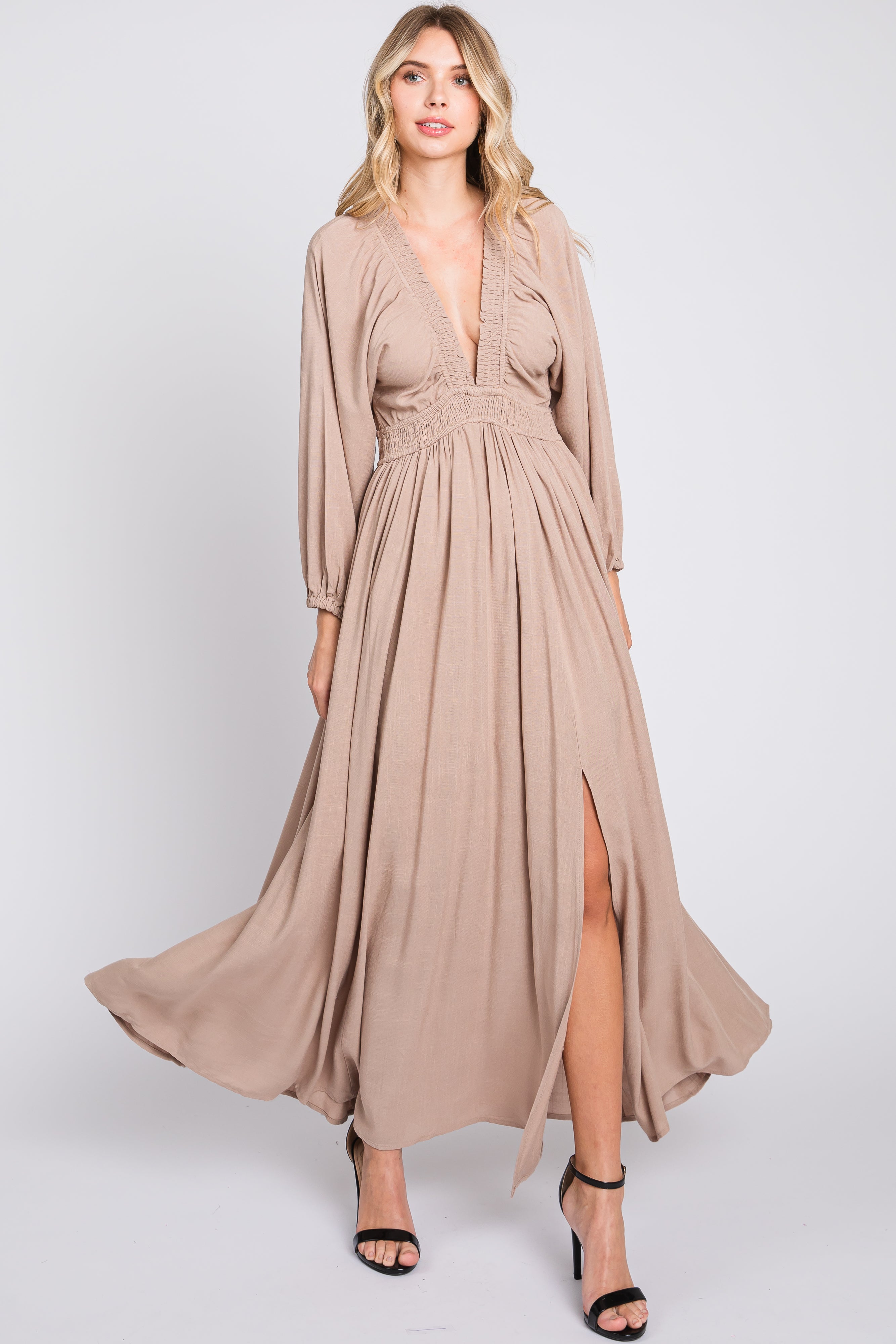 Beige Deep V Neck Smocked Waist Maxi Dress for Women - Elegant Summer Beach Wedding Party Dress
