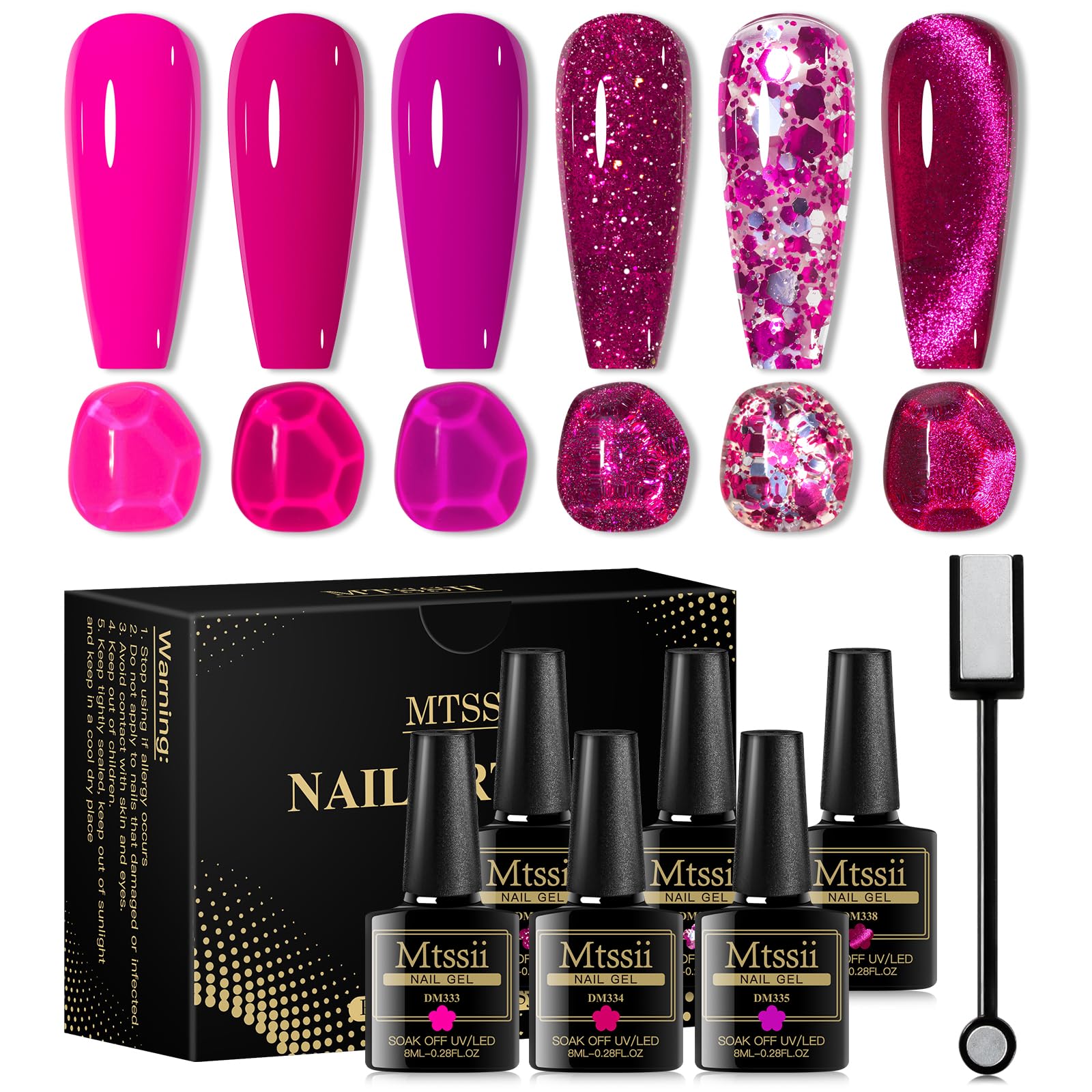 MTSSII Hot Pink & Cat Eye Gel Nail Polish Set - Spring Summer Nail Colors with Reflective Glitter (Pink, Red, Purple) for DIY Nail Art at Home | Perfect for Parties, Weddings & Salon-Quality Manicures