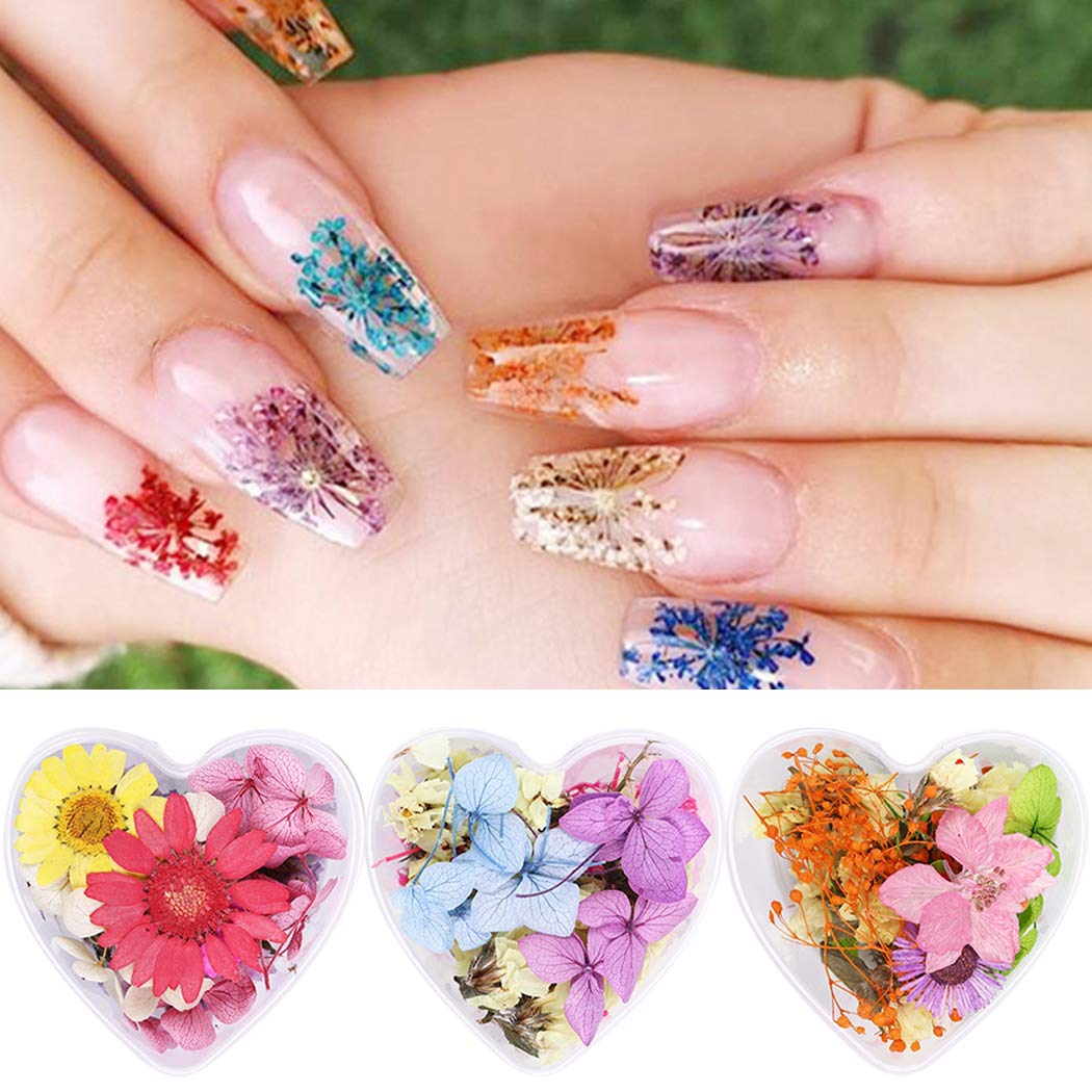 SOWUNO 3D Pressed Flower Nail Art Kit - 3 Box Mini Dried Real Flowers for DIY Nail Decoration | Perfect for Nail Salon, Home Manicure & Creative Nail Designs