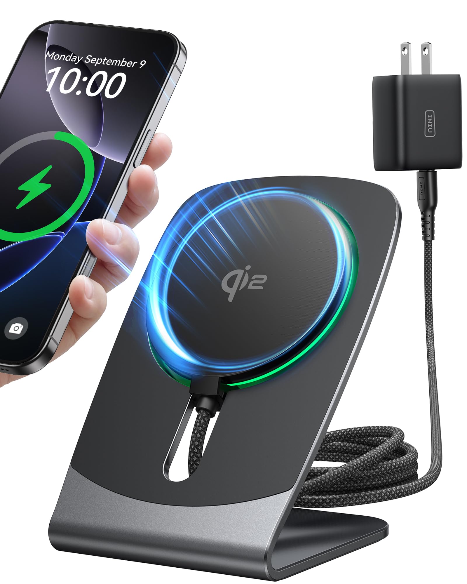 INIU Magnetic Wireless Charger Stand - Qi2 Certified 15W Fast Charging Station with Cooling Fan for iPhone 16/15/14/13/12 & AirPods Pro/4/3 (Includes Adapter) | Perfect for Bedside, Office & Travel Charging