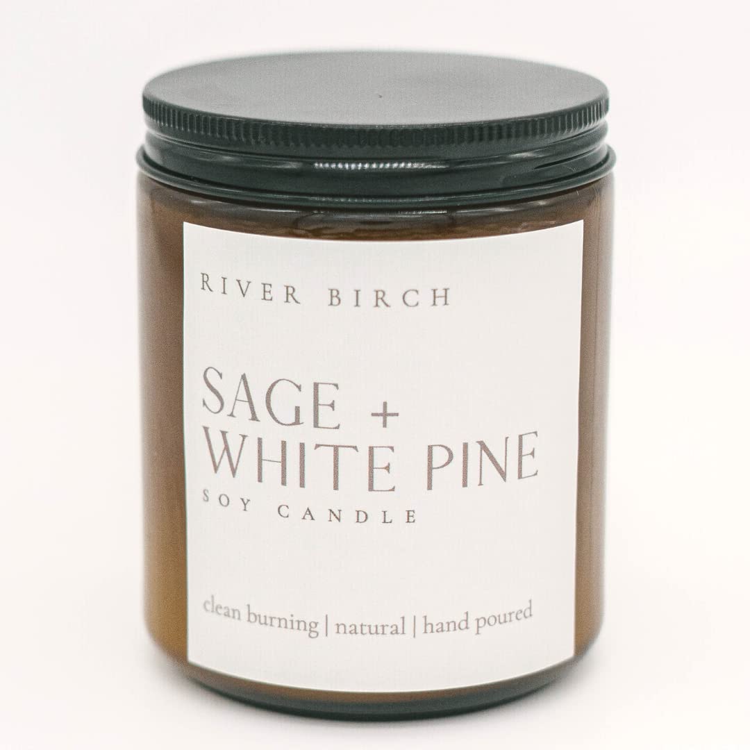 Premium Sage & White Pine Scented Soy Candle - All Natural, Non-Toxic 8.5oz Amber Jar Candle with 40 Hour Burn Time | Relaxing Aromatherapy for Home, Spa, Yoga & Meditation | Cozy Gift for Women & Men
