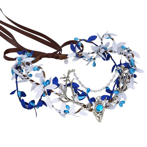 Handmade Woodland Elf Headpiece - Forest Leaf Crown with Rhinestone Tassel, Fairy Antler Tiara for Renaissance Faire, Halloween Costume, Cosplay, and Fantasy Photo Shoot (Blue) | Perfect for Elven Princess, Fairy, and Woodland Spirit Costumes