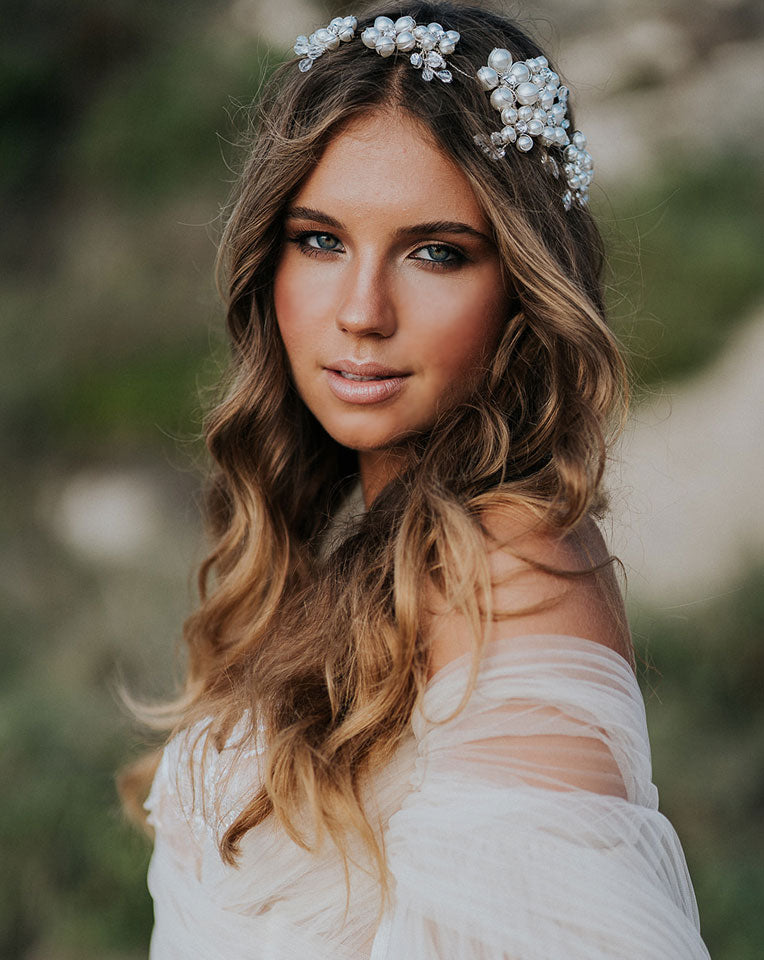 Elegant Bridal Headpiece with Dramatic Pearl Clustered Floral Vine Band - Milan by Kezani | Perfect for Weddings, Bridal Showers & Boho Bridal Looks | Buy or Hire Online