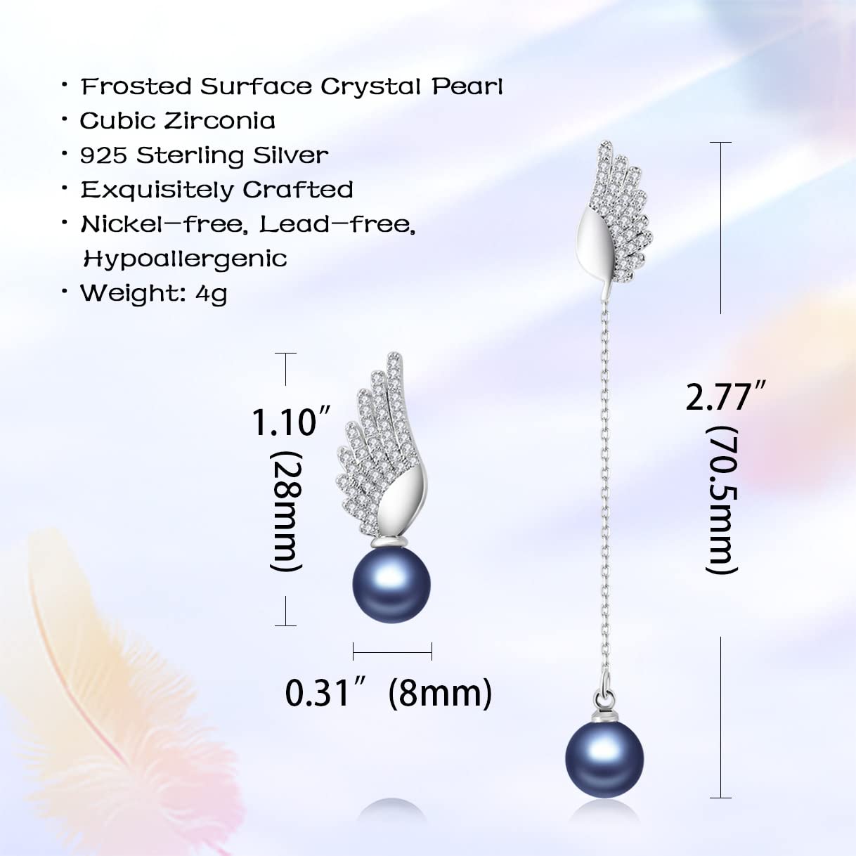Richapex Asymmetrical Pearl Drop Dangle Earrings - 925 Sterling Silver Frosted Crystal Wing Angel Earrings | Hypoallergenic Jewelry for Women | Perfect Anniversary & Birthday Gift | Elegant for Parties, Weddings & Date Nights