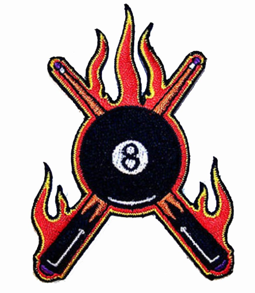 Flaming Fire Billiards Pool Stick & Eight Ball Embroidered Patch - Iron On or Sew On Biker Jacket Accessory for Motorcycle Enthusiasts and Pool Lovers