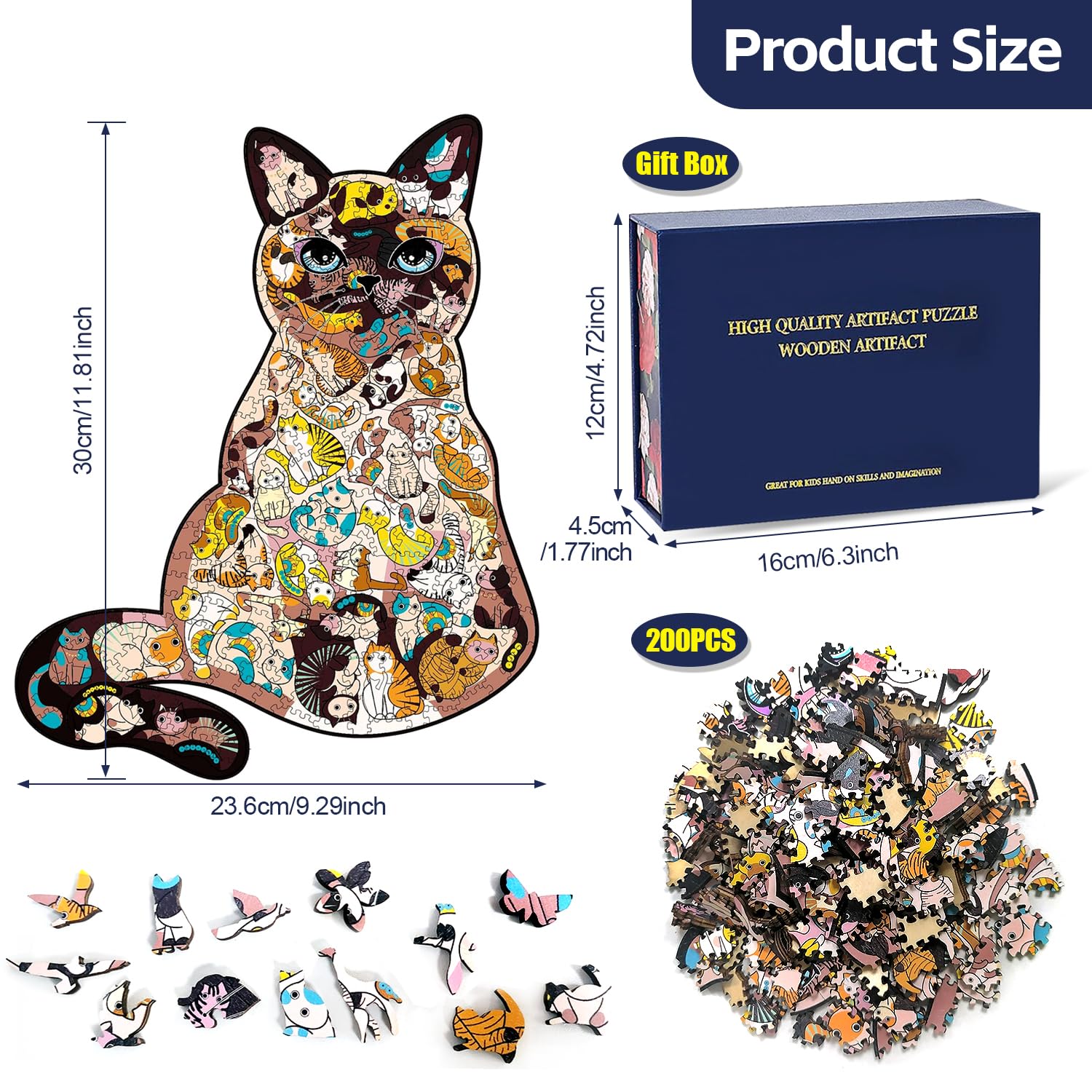 200-Piece Wooden Animal Shaped Puzzle for Adults & Kids - Unique Cat Puzzle with Gift Box - Perfect for Family Game Night & Educational Play