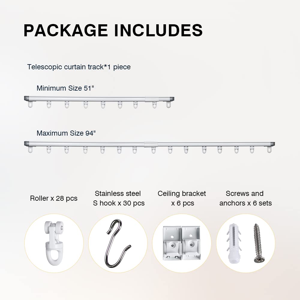 Adjustable Telescopic Ceiling Mount Curtain Track System (51-94 Inch) - White Room Divider for Home & Office Partition - Perfect for Living Rooms, Bedrooms, and Studio Spaces