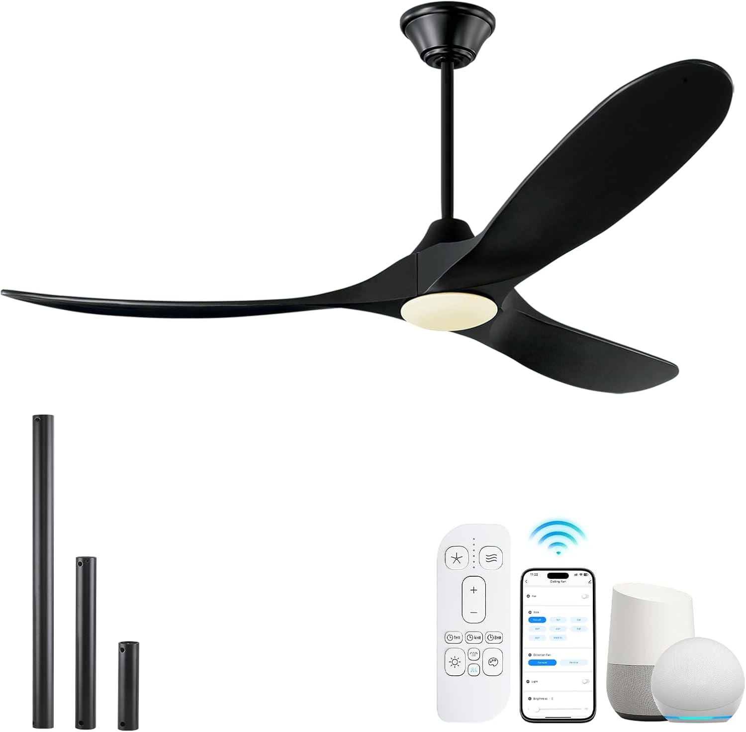 52 Inch Black Smart Ceiling Fan with LED Lights - Outdoor/Indoor Modern Wood Blades Fan - Quiet Reversible DC Motor - Alexa/App/Remote Control - Perfect for Patio, Living Room, Bedroom & Covered Porch
