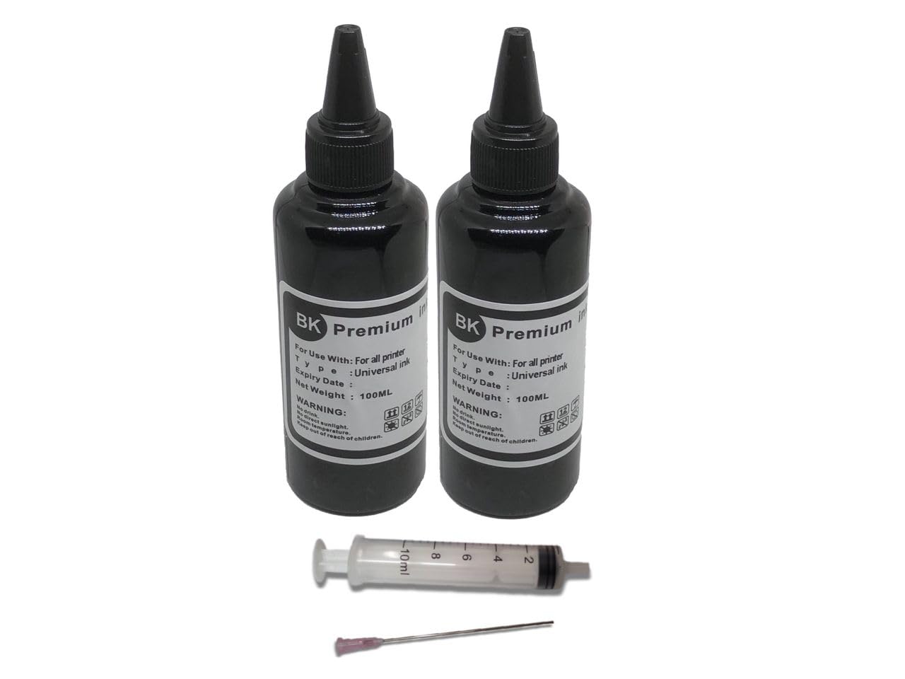 2 Pack 100ml Black Ink Refill Bottles for Epson, HP, Lexmark, Canon, Brother Printers - Compatible with Ink Cartridges & Continuous Ink Supply Systems (CISS) - Includes Syringe for Easy Refilling - Ideal for Home, Office & School Printing Needs