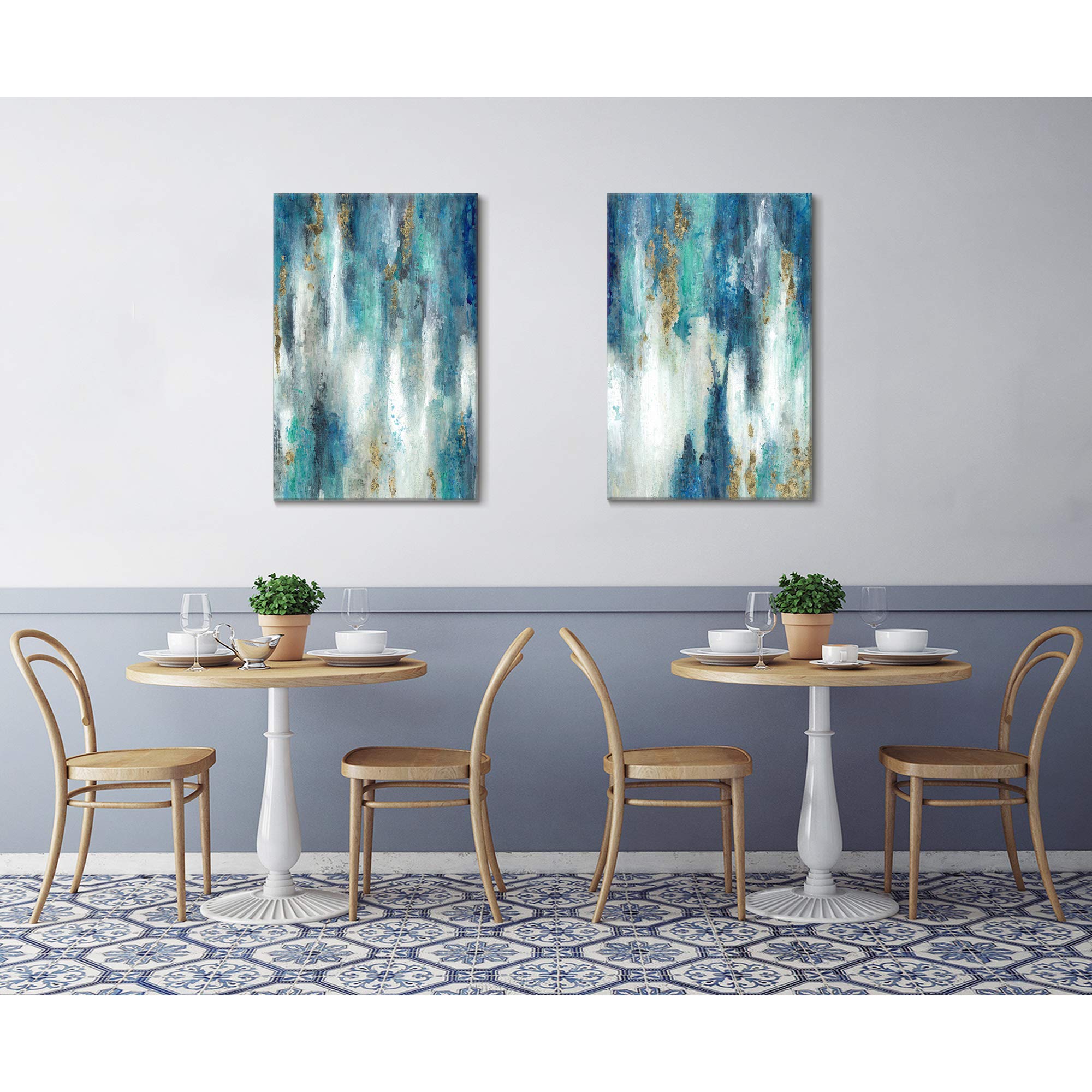Abstract Blue and Gold Wall Art Set - 2 Panel Canvas Oil Painting (36