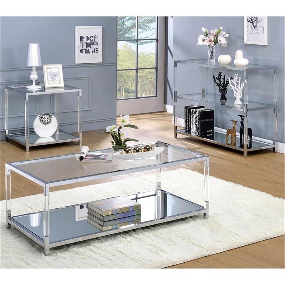 BOWERY HILL Modern Chrome Glass Sofa Table with 1 Shelf - Transitional Living Room End Table for Small Spaces & Home Decor