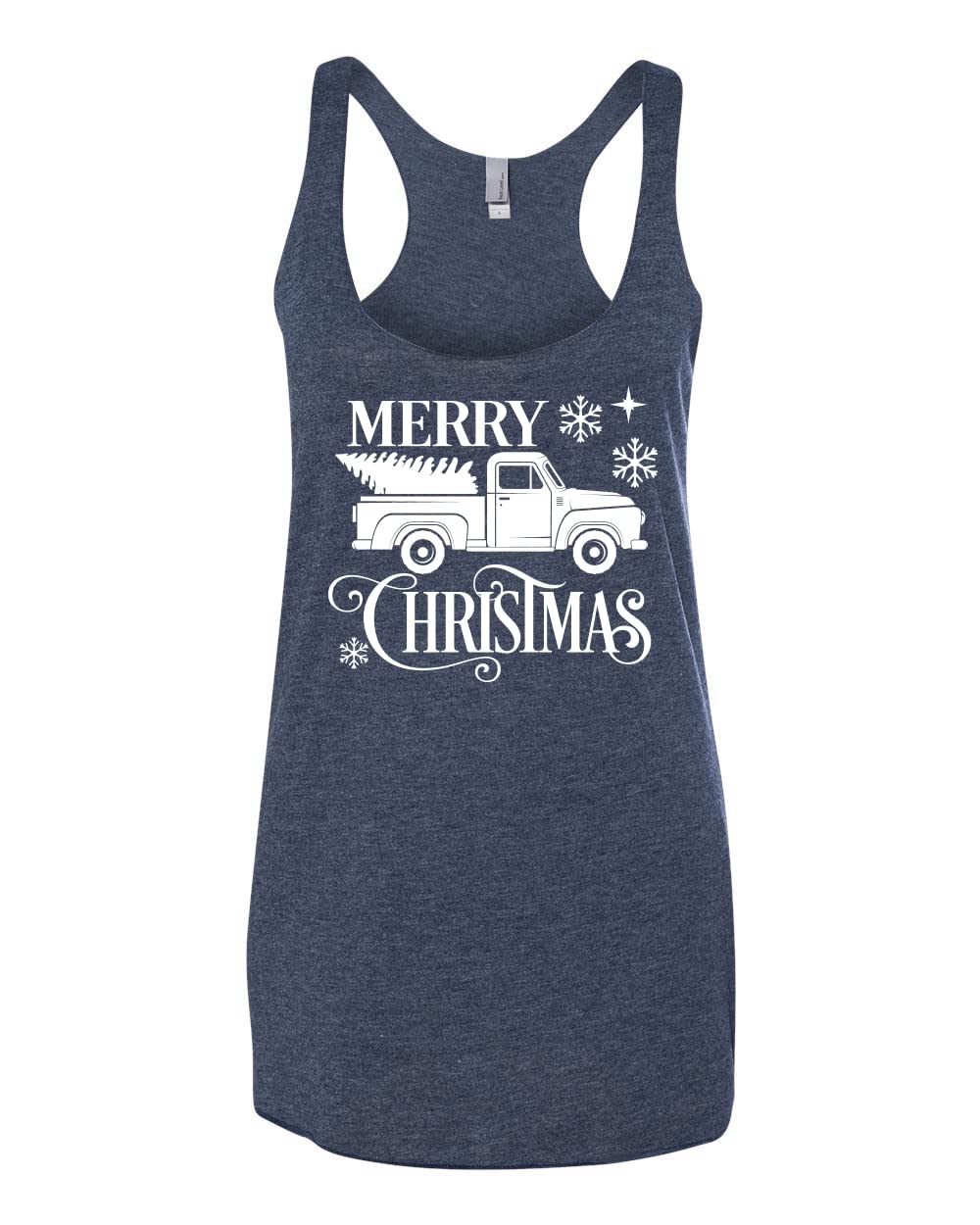 Merry Christmas Tree Print Racerback Tank Top - Soft Tri-Blend Fabric - Holiday Party, Gift Exchange & Festive Outfit